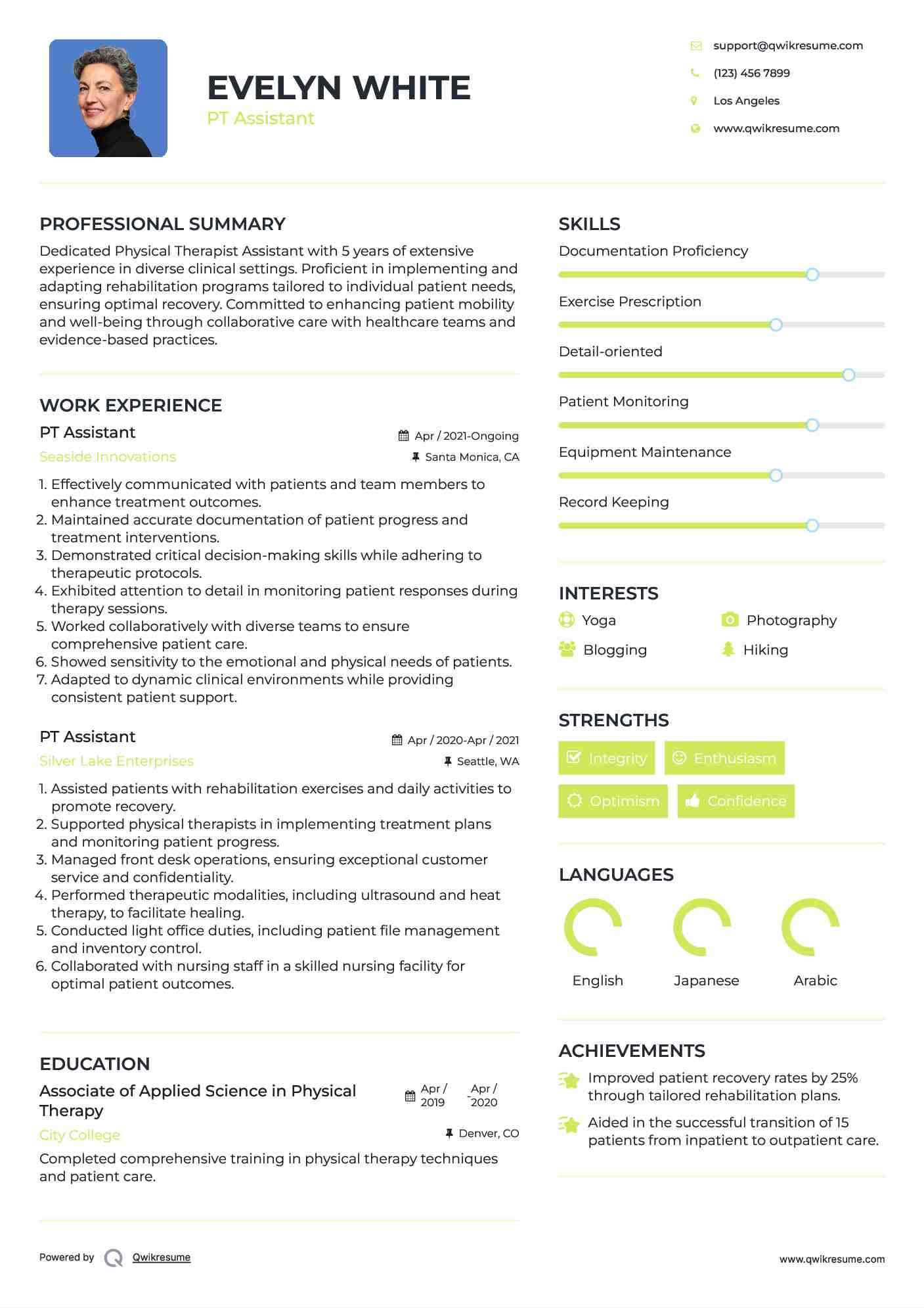 PT Assistant Resume Sample