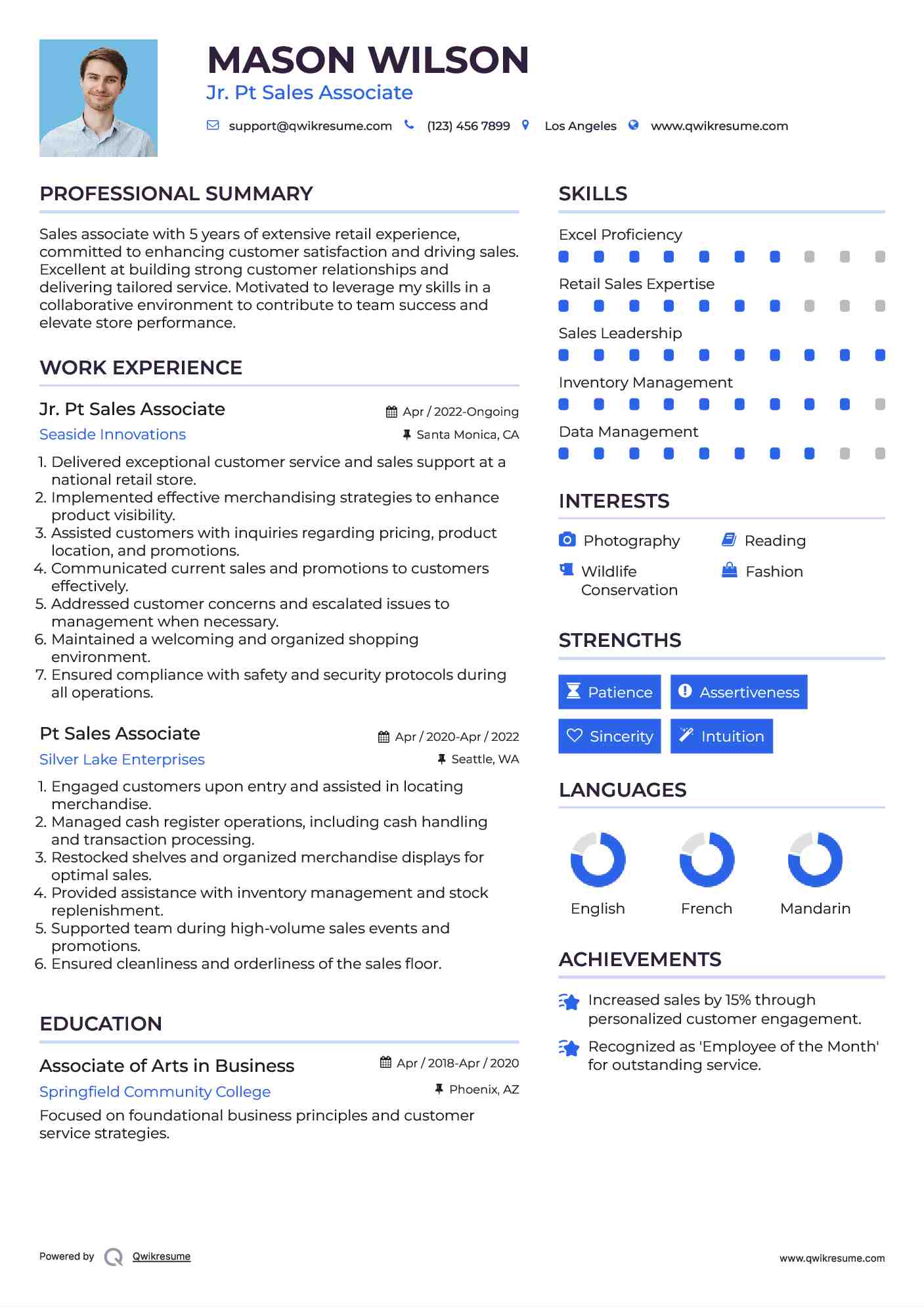 Jr. Pt Sales Associate Resume Example