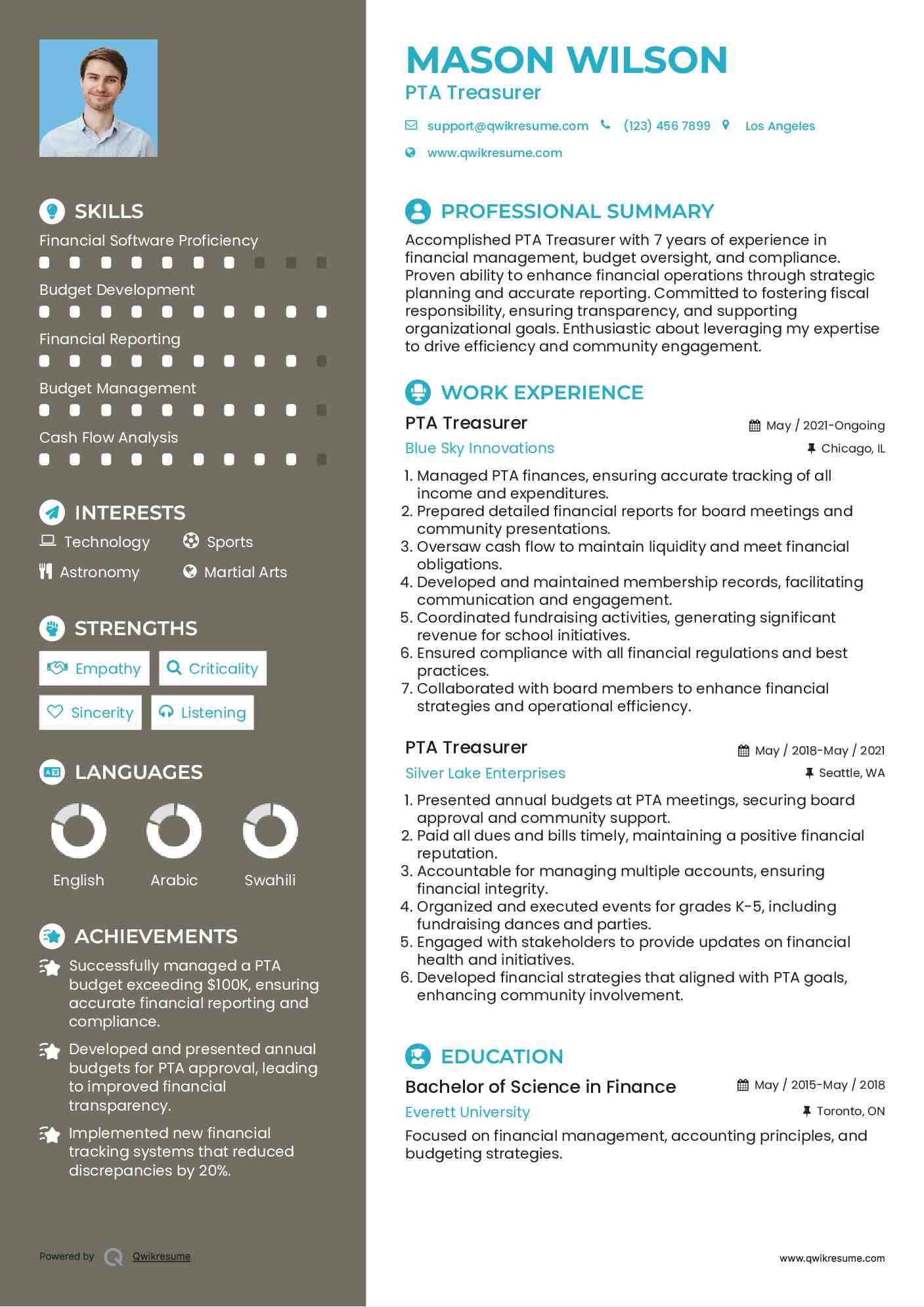 PTA Treasurer Resume Example