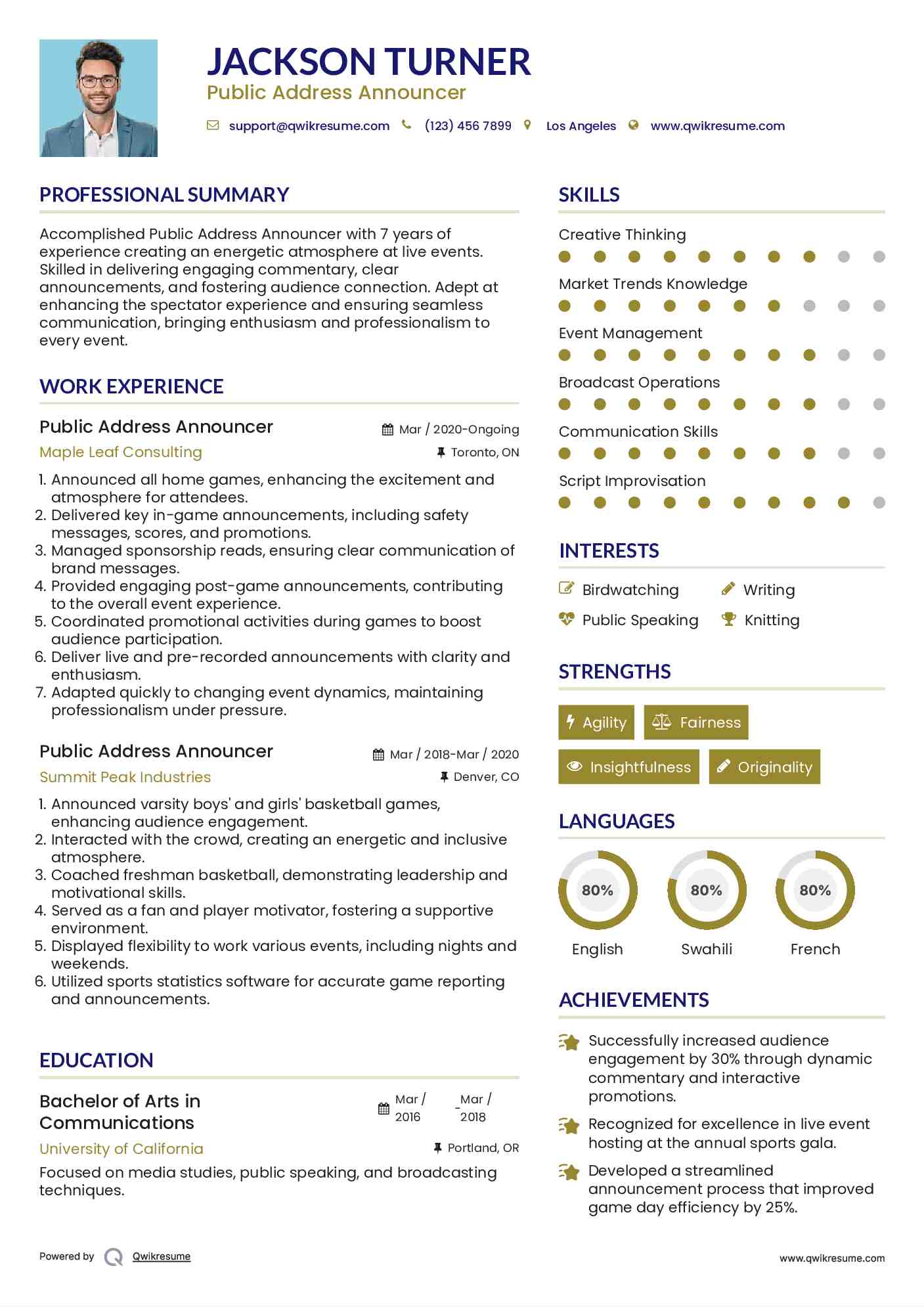 Public Address Announcer Resume Template