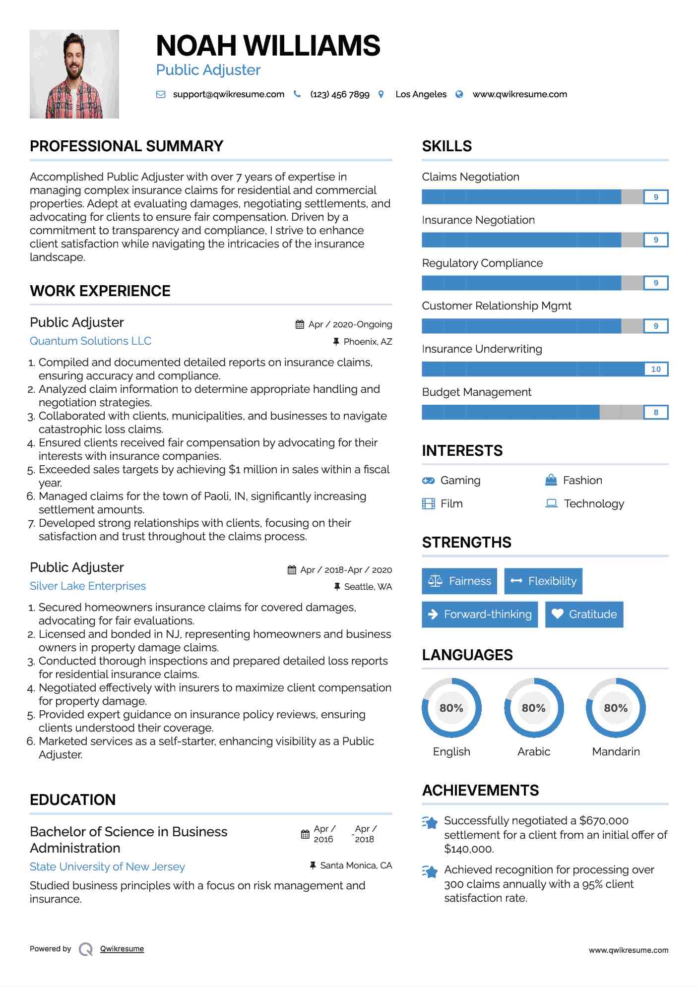 Public Adjuster Resume Example