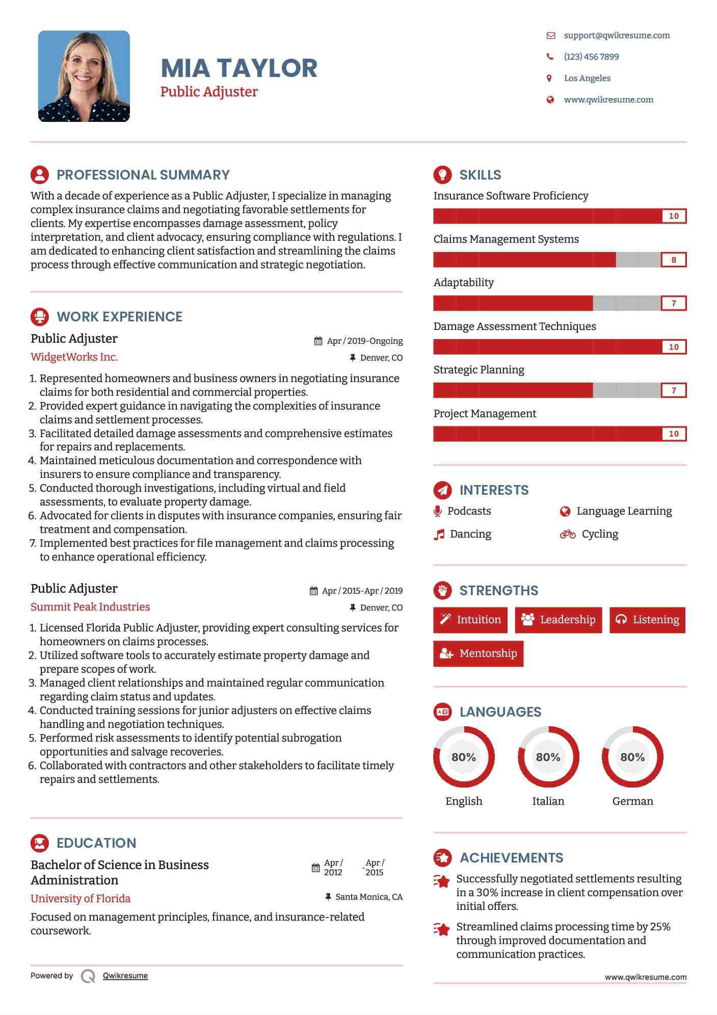 Public Adjuster Resume Sample