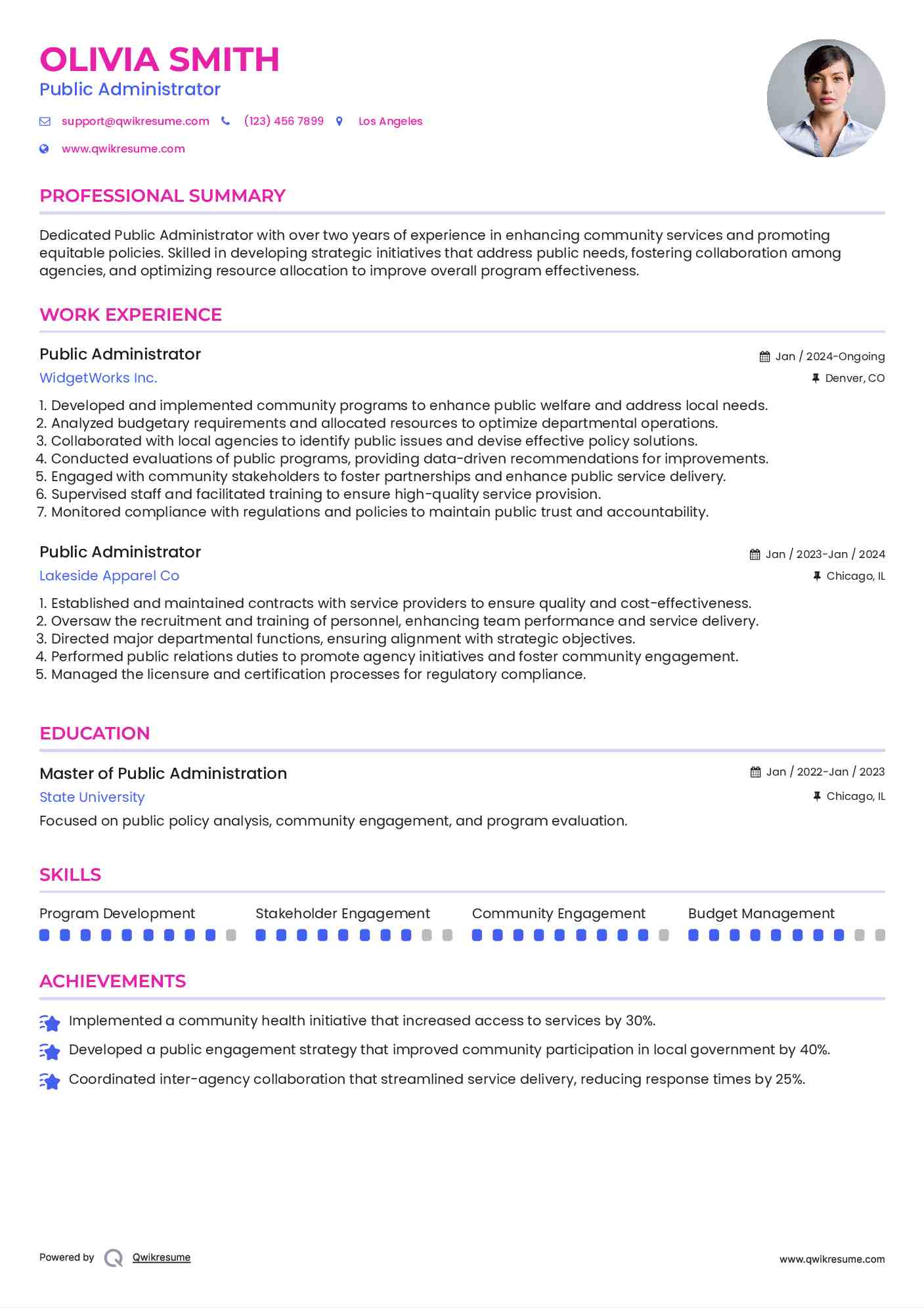 Public Administrator Resume Model