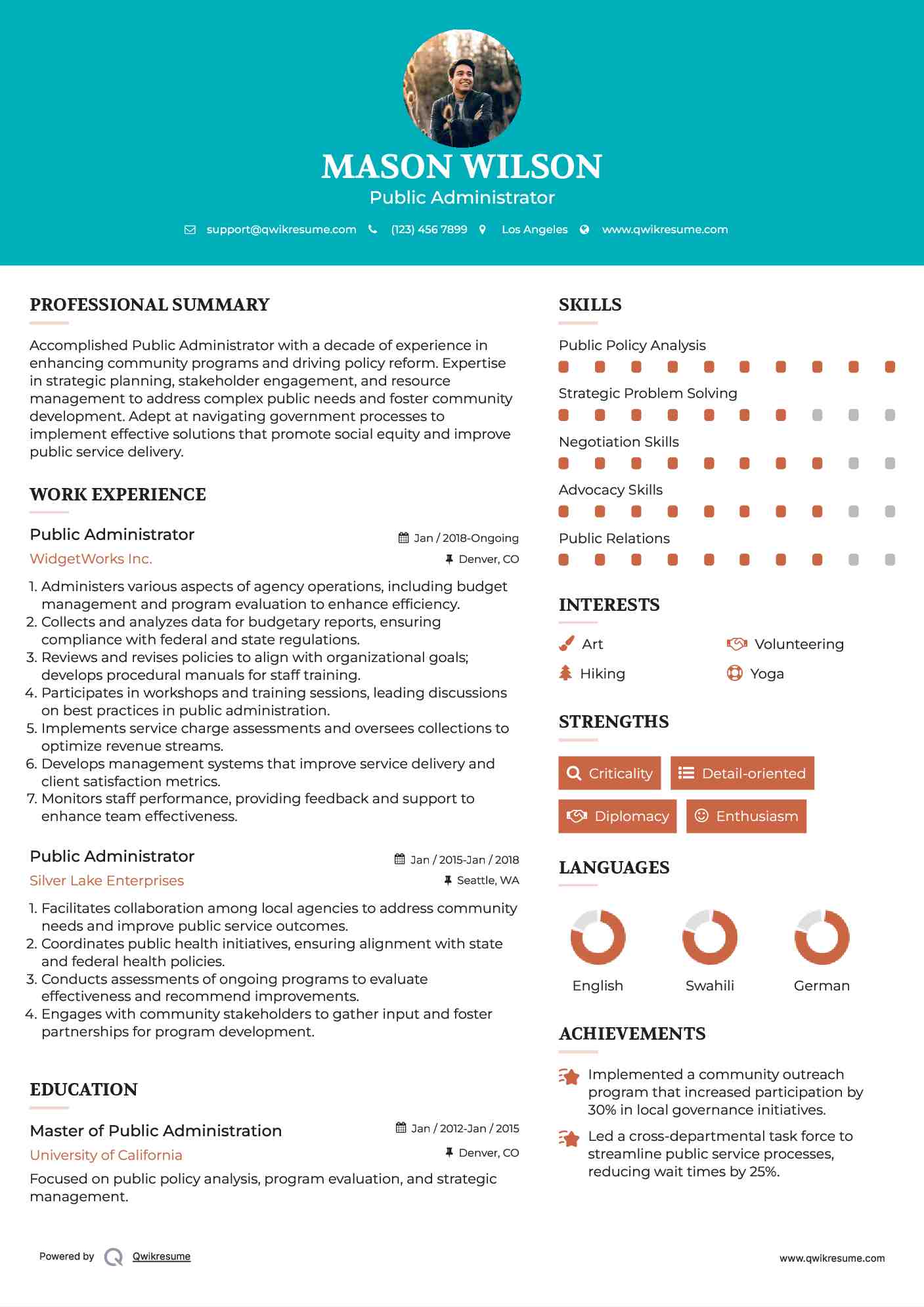 Public Administrator Resume Example