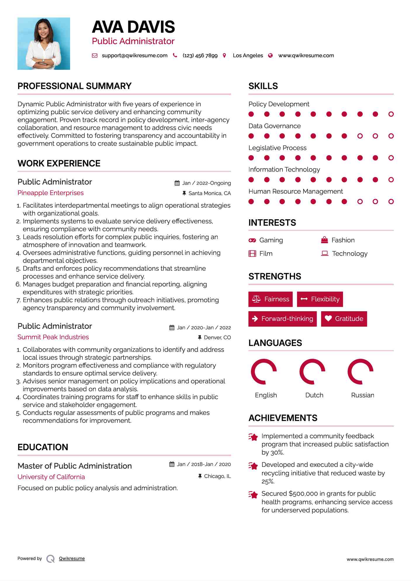 Public Administrator Resume Example