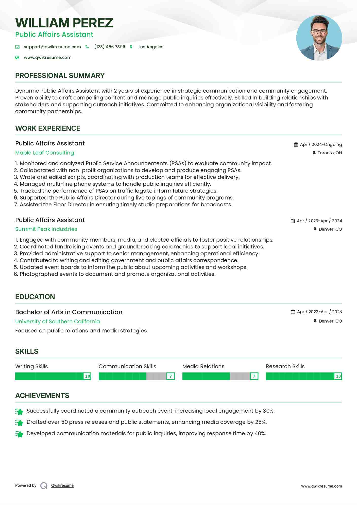 Public Affairs Assistant Resume Sample