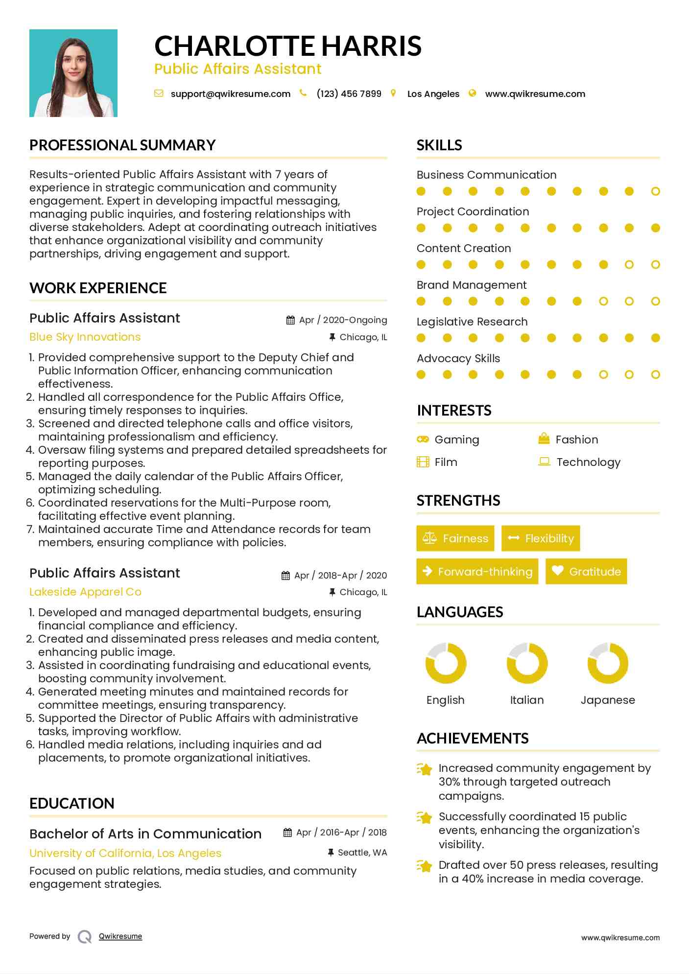 Public Affairs Assistant Resume Example