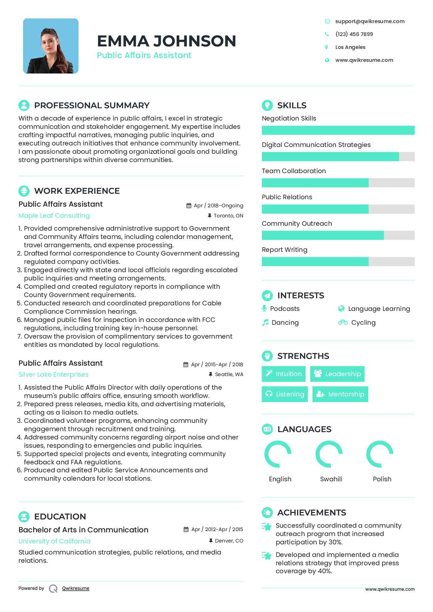 Public Affairs Assistant Resume Model