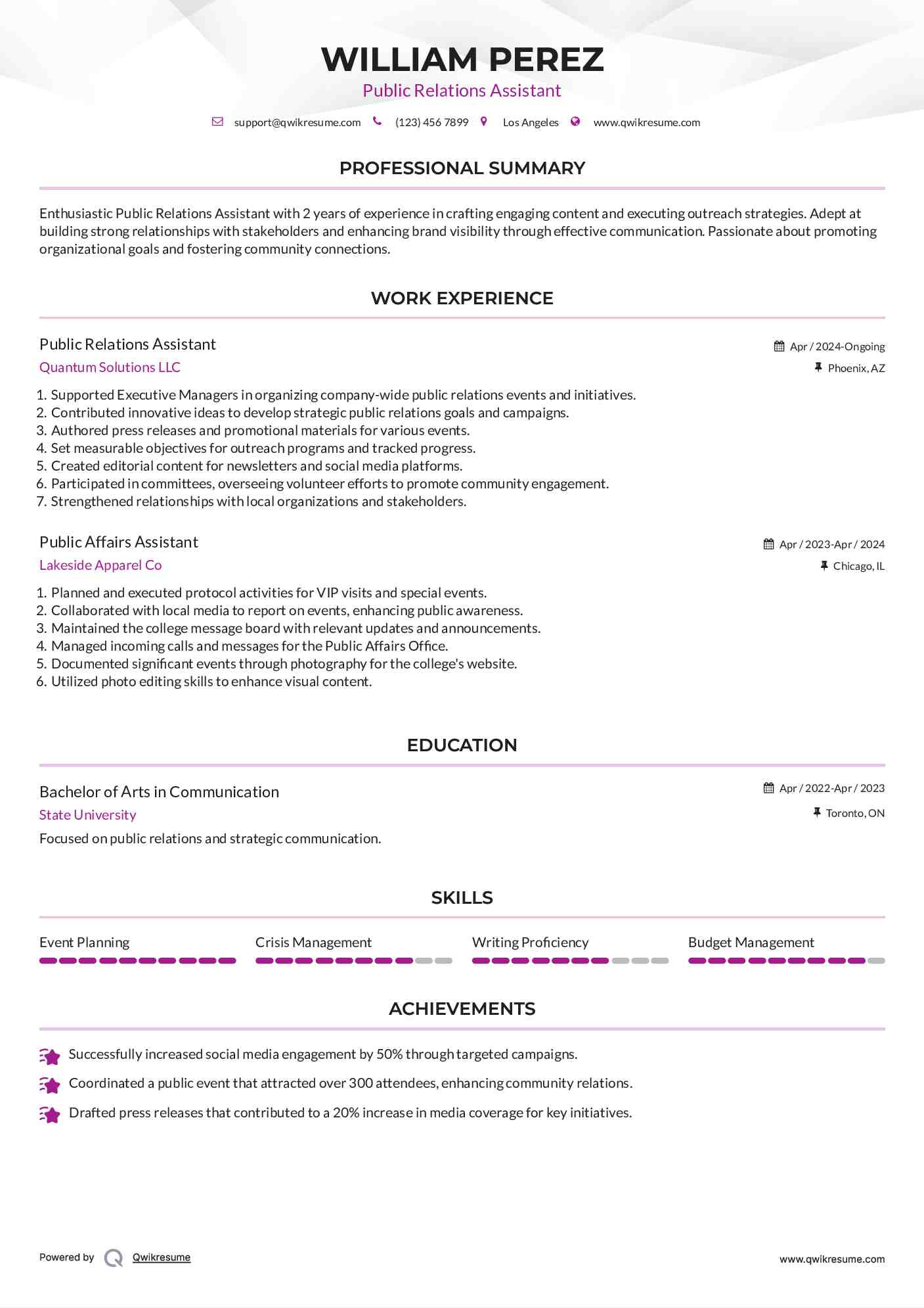 Public Relations Assistant Resume Example