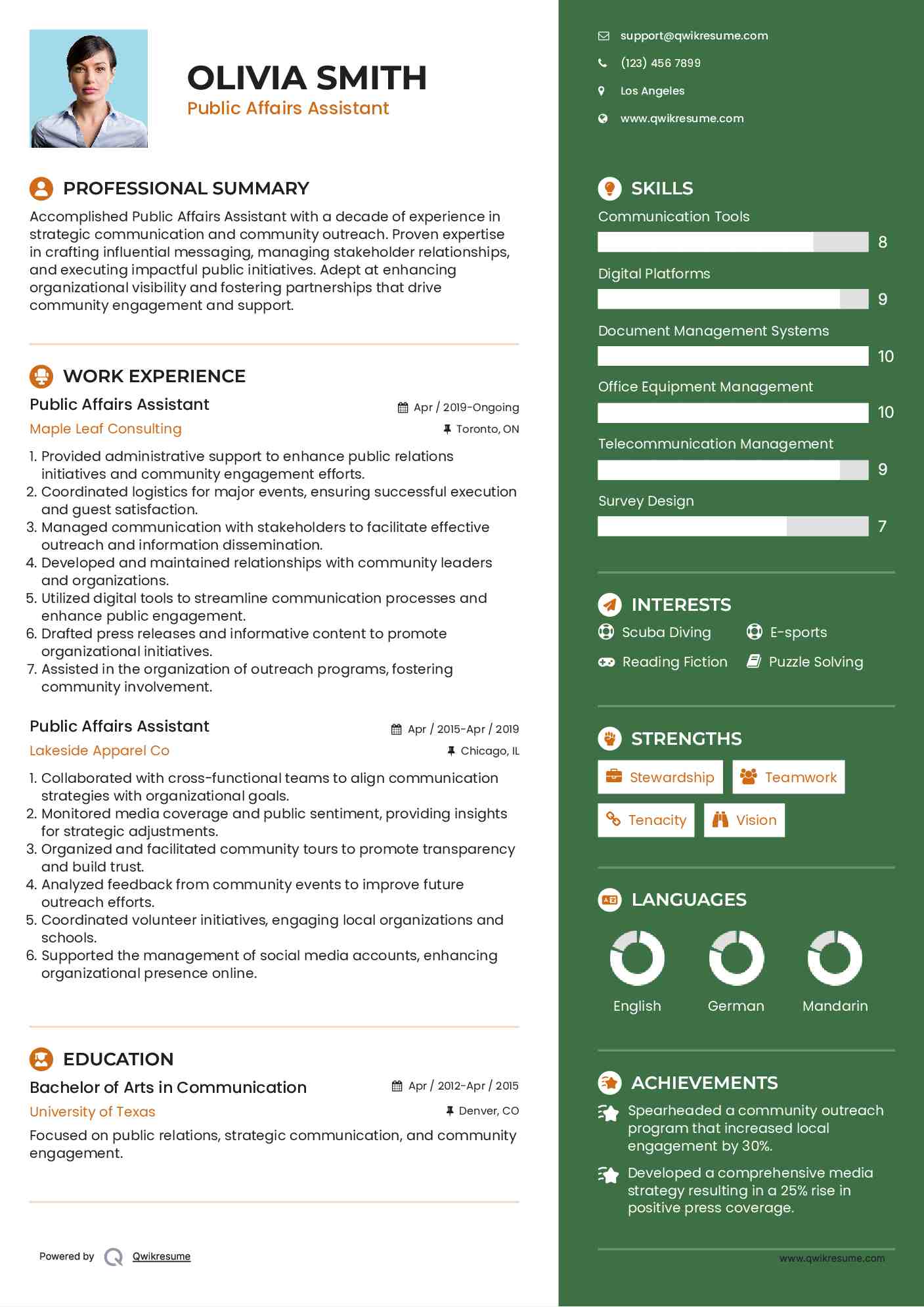 Public Affairs Assistant Resume Example