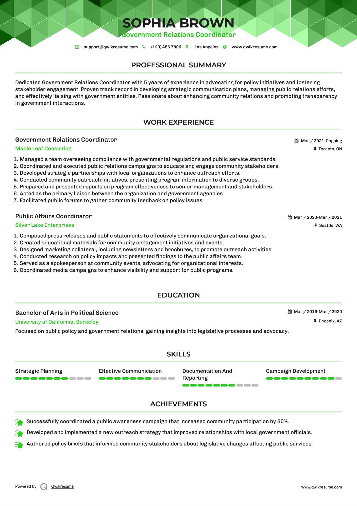 Government Relations Coordinator Resume Example