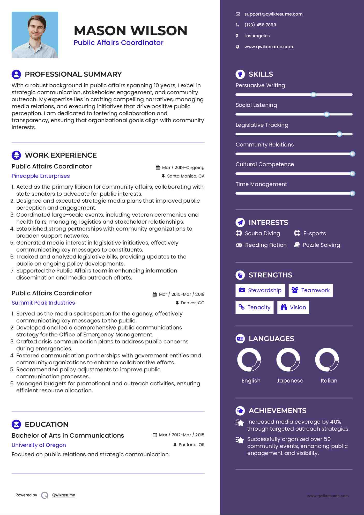 Public Affairs Coordinator Resume Sample