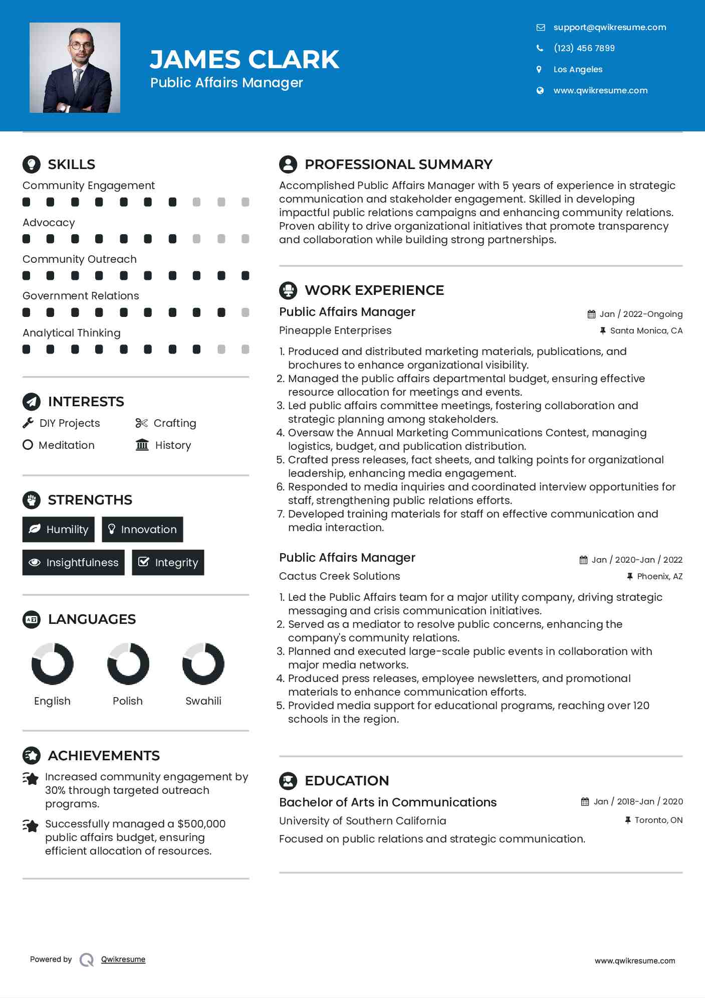 Public Affairs Manager Resume Example