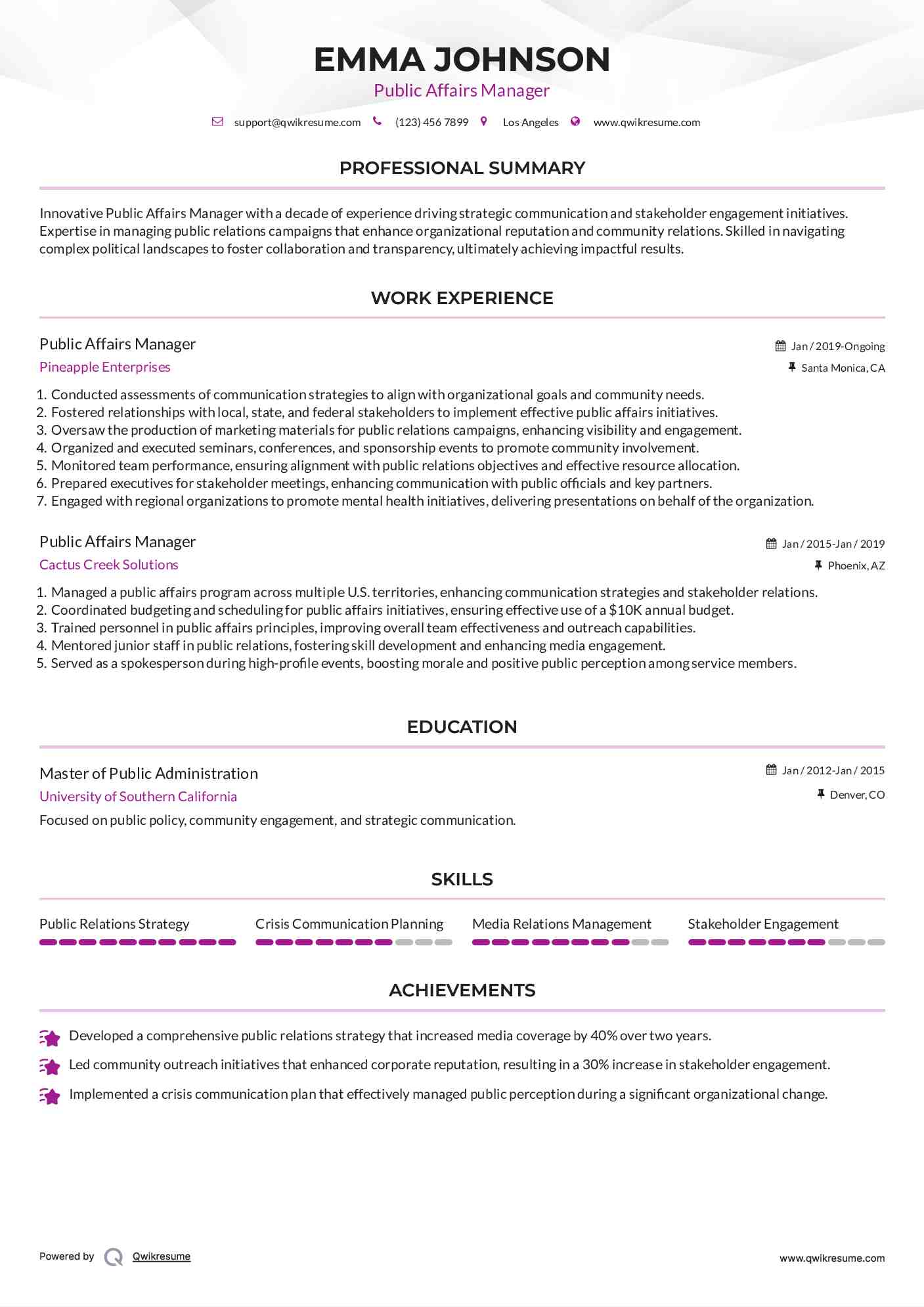 Public Affairs Manager Resume Template