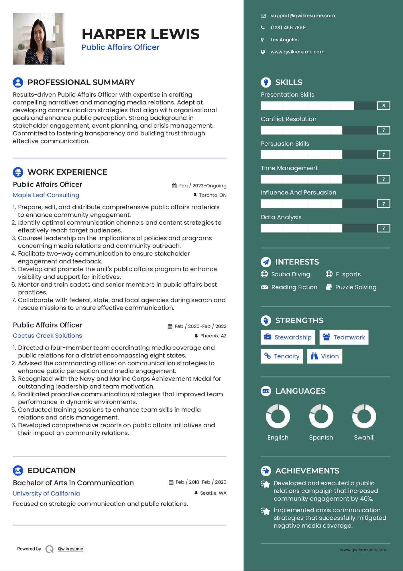 Public Affairs Officer Resume Sample