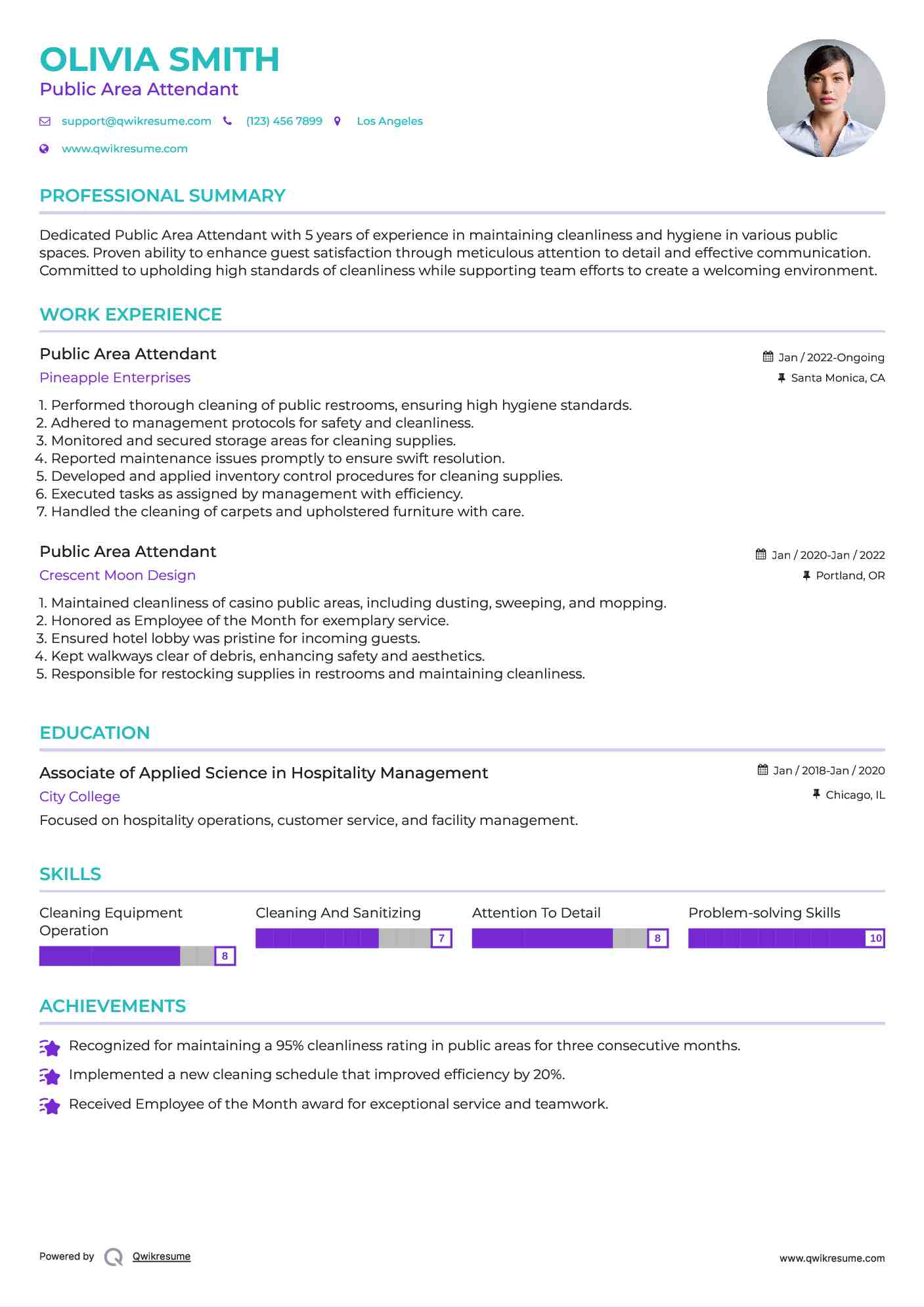 Public Area Attendant Resume Example