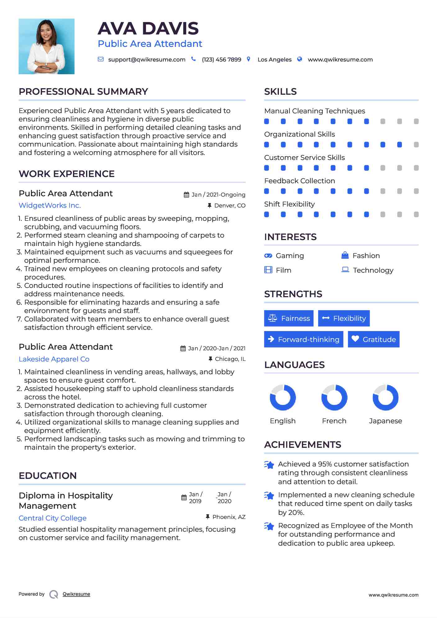 Public Area Attendant Resume Sample