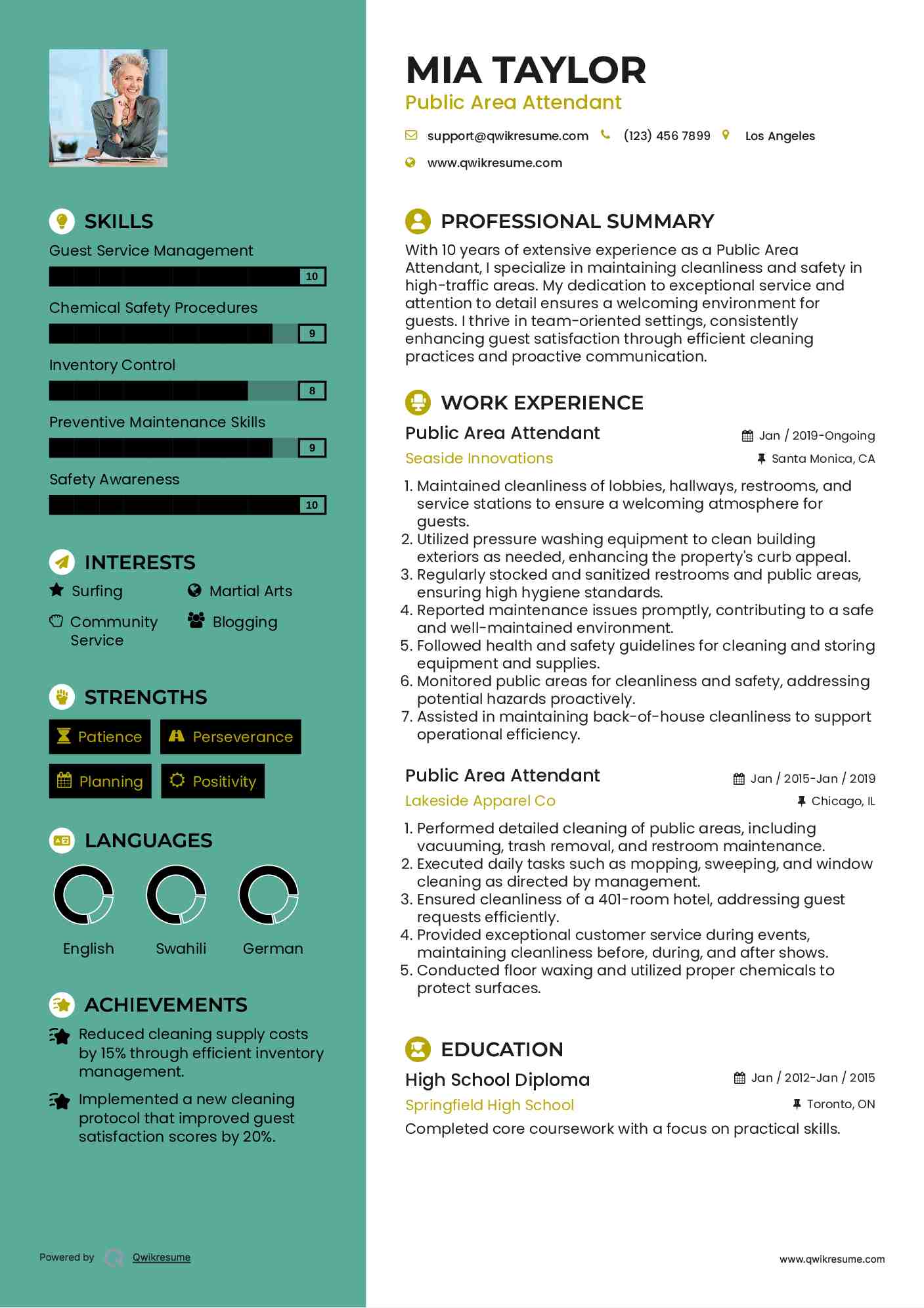 Public Area Attendant Resume Model