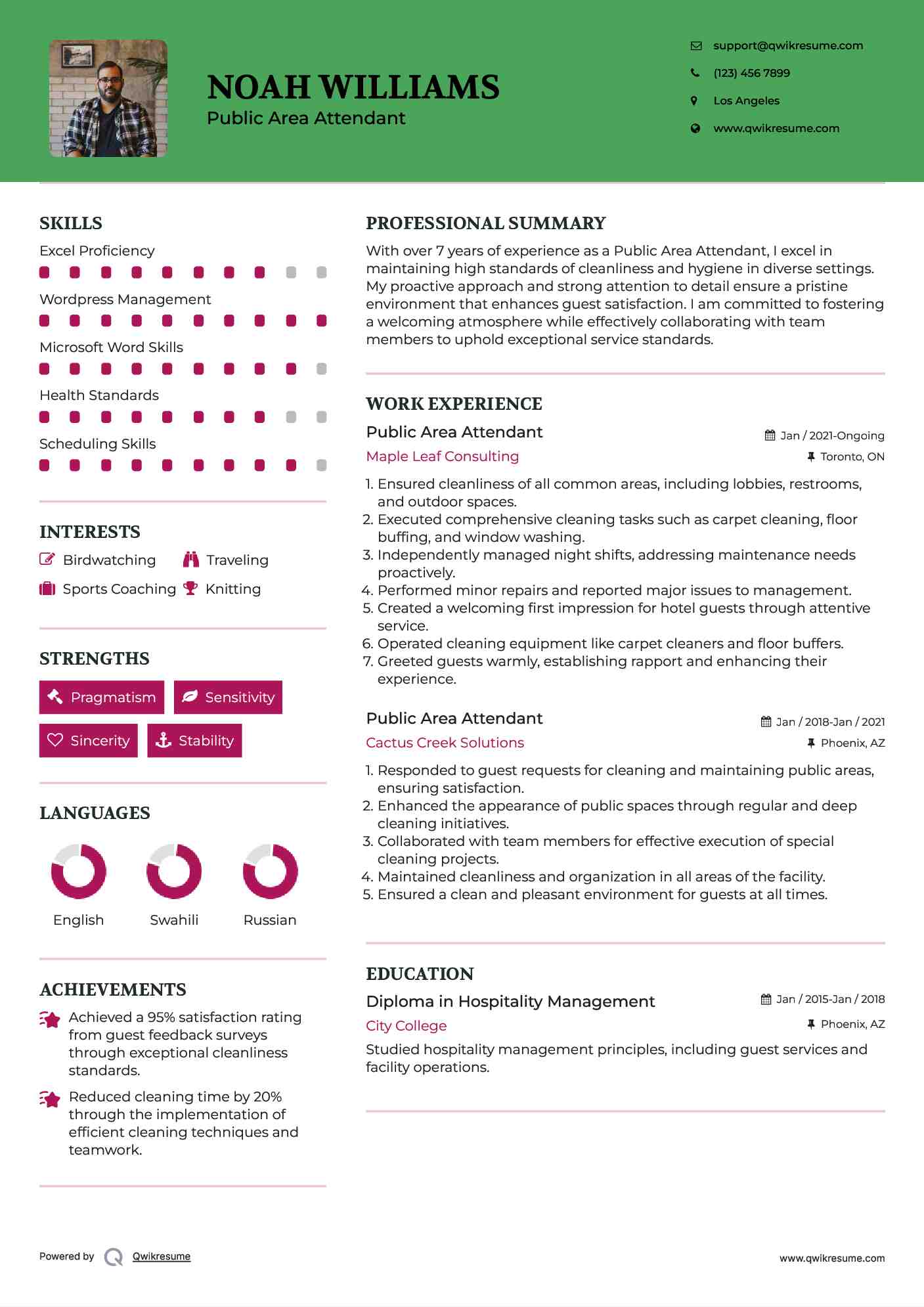Public Area Attendant Resume Samples QwikResume