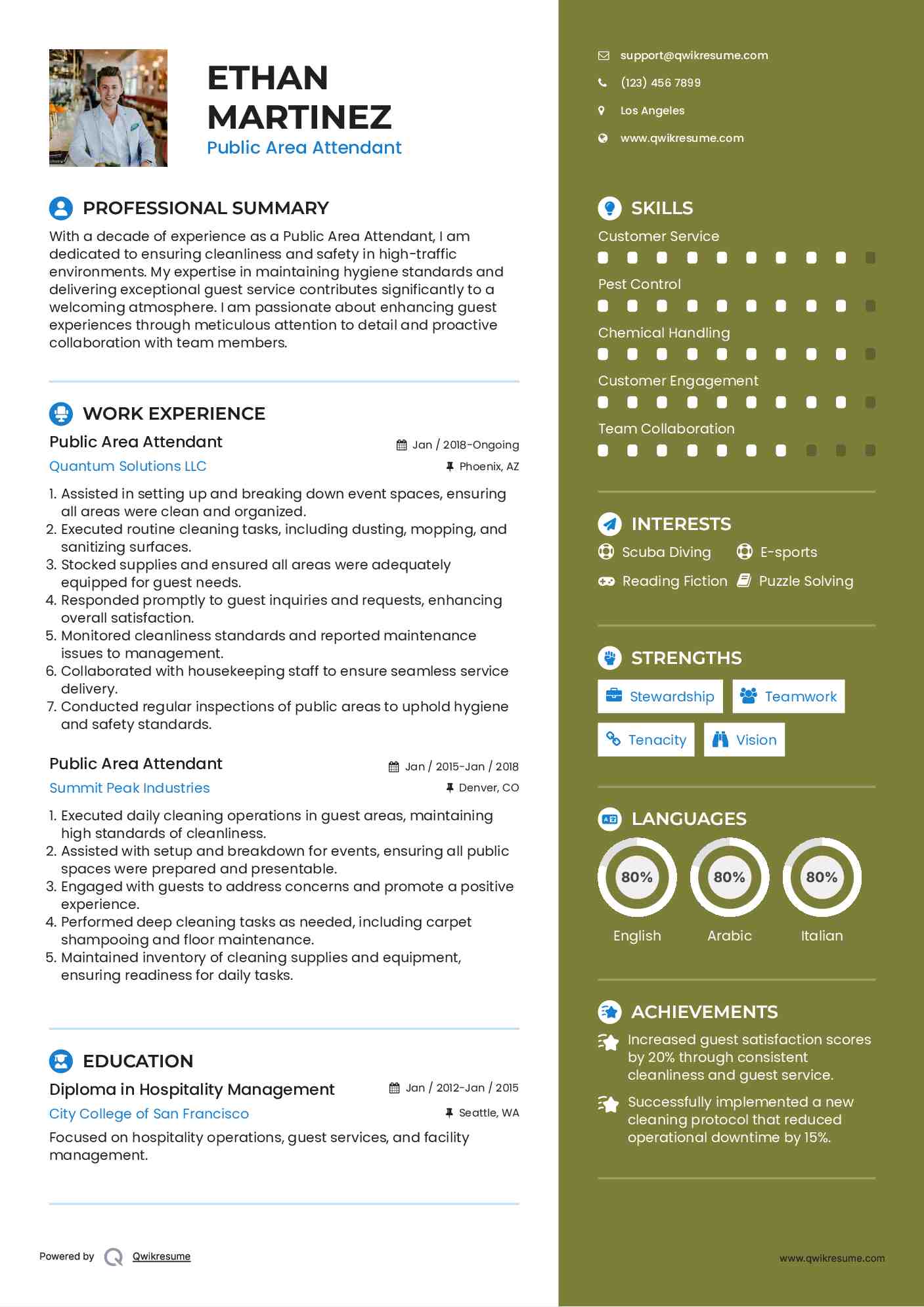 Public Area Attendant Resume Samples QwikResume