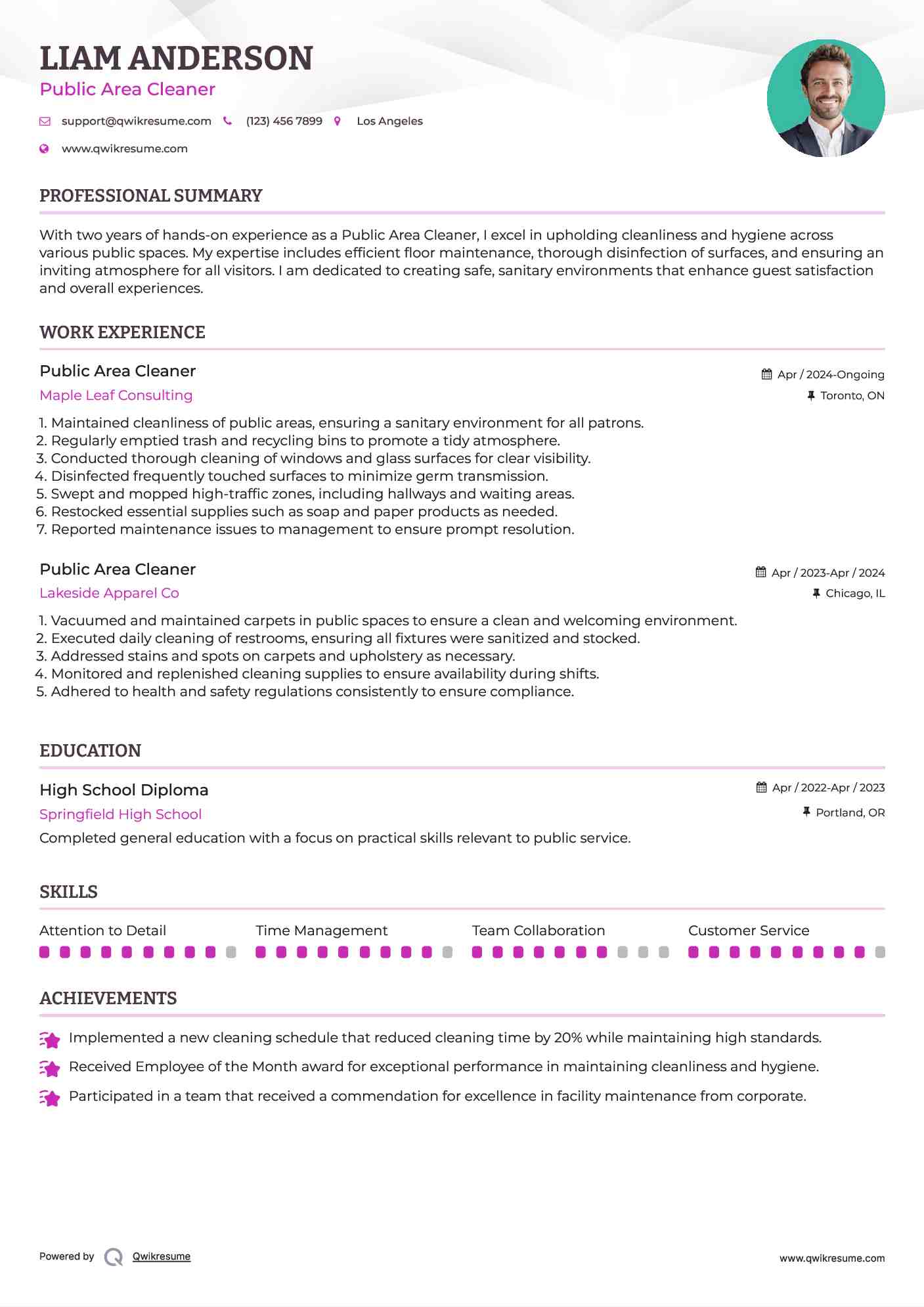 Public Area Cleaner Resume Example