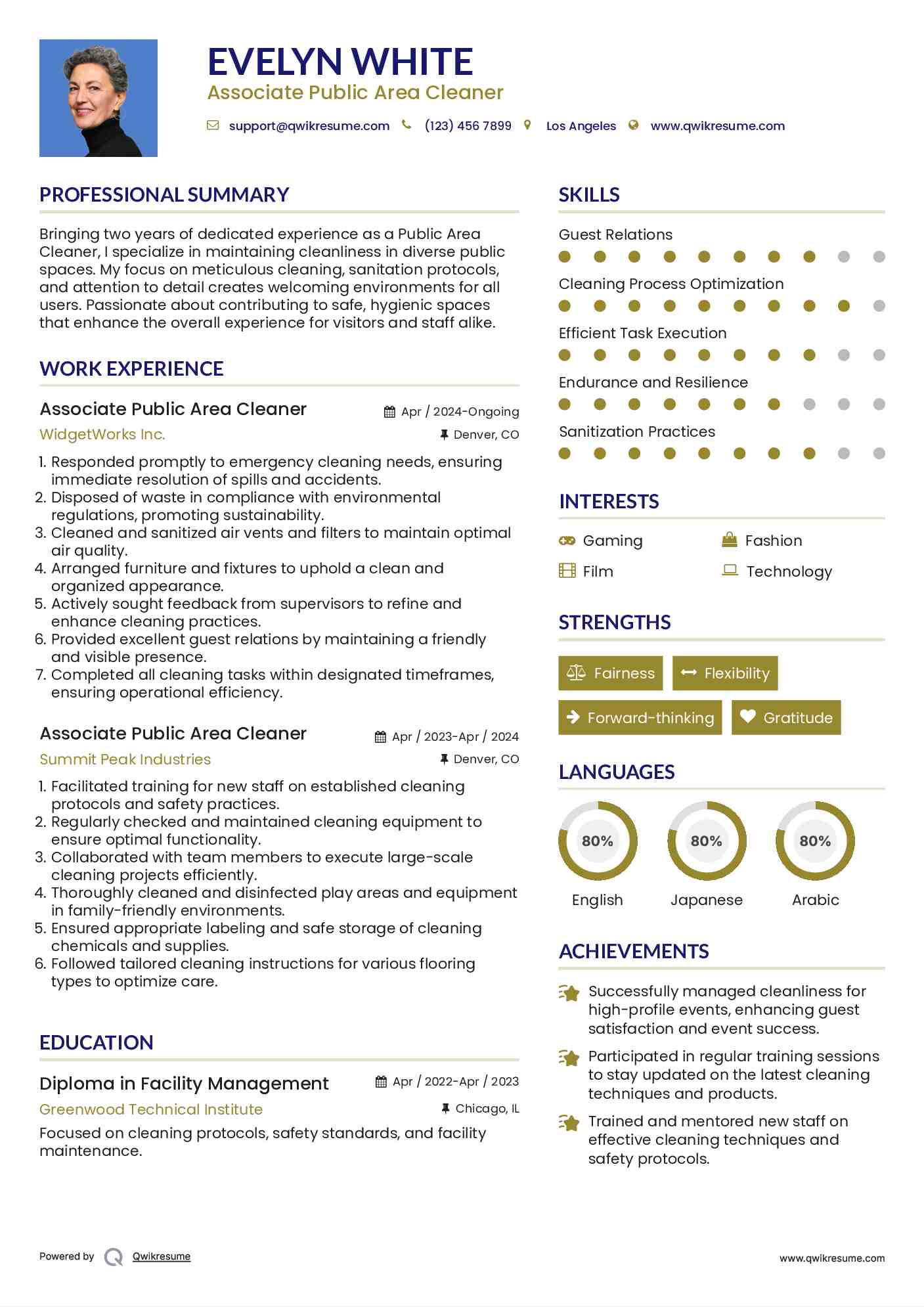 Associate Public Area Cleaner Resume Sample