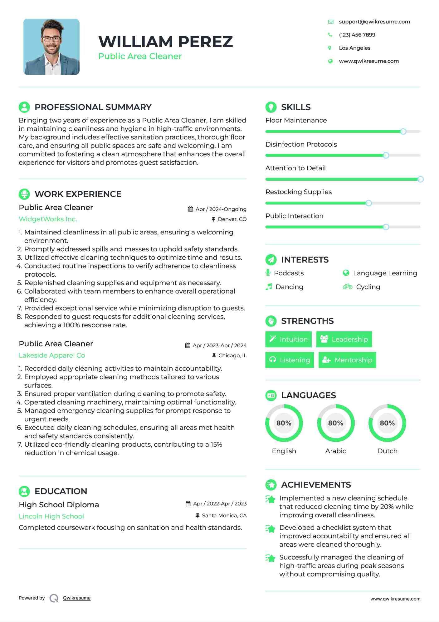 Public Area Cleaner Resume Format