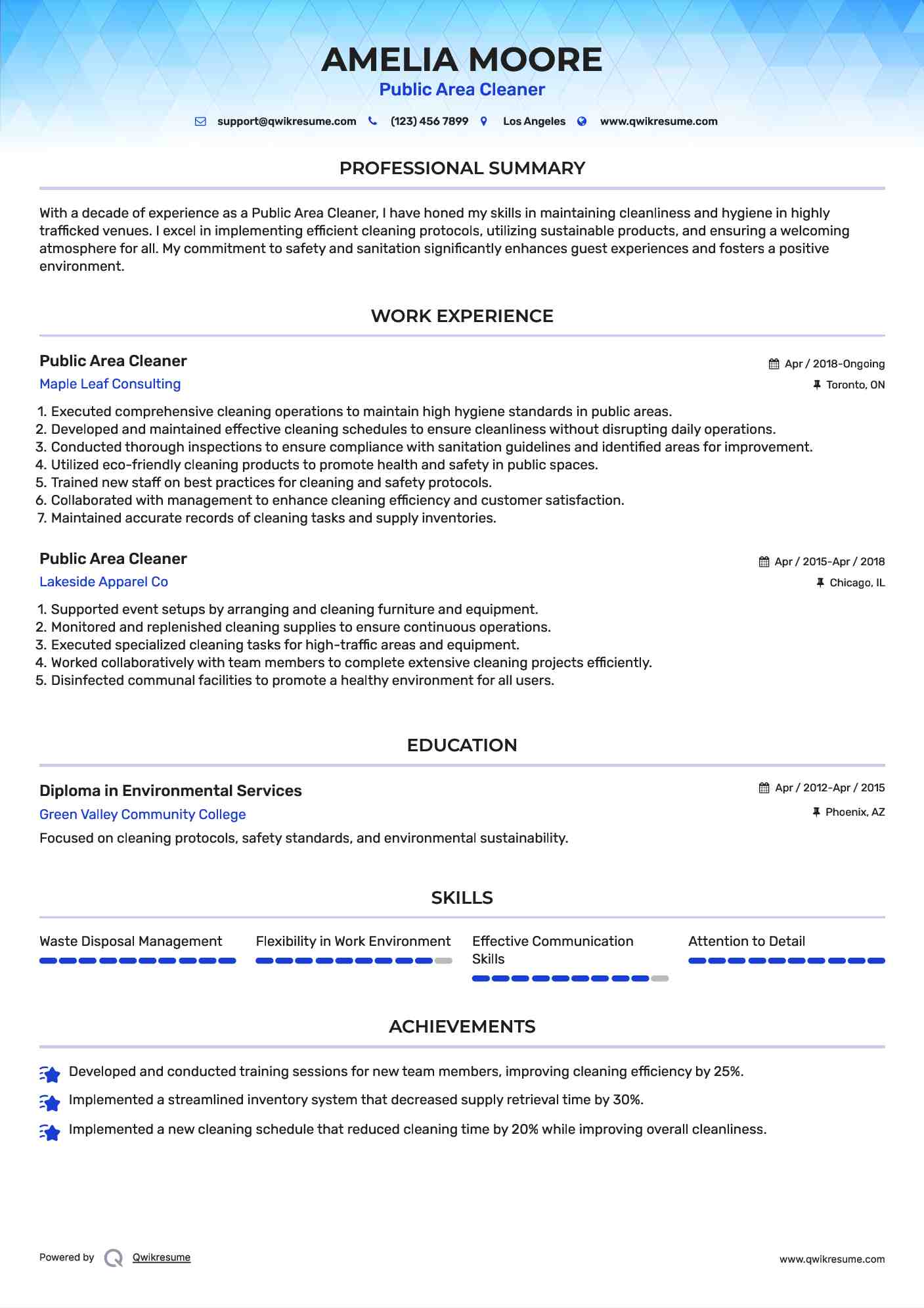 Public Area Cleaner Resume Model