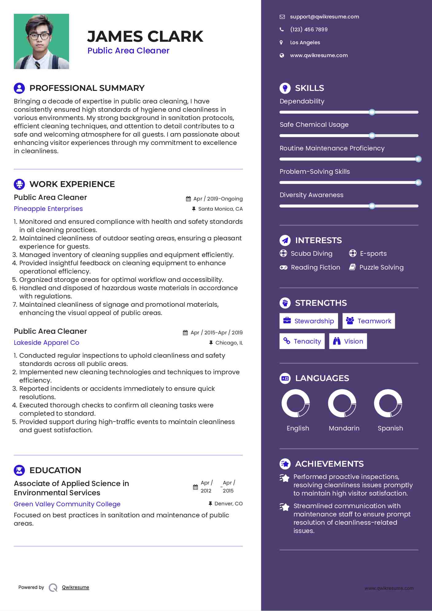 Public Area Cleaner Resume Model