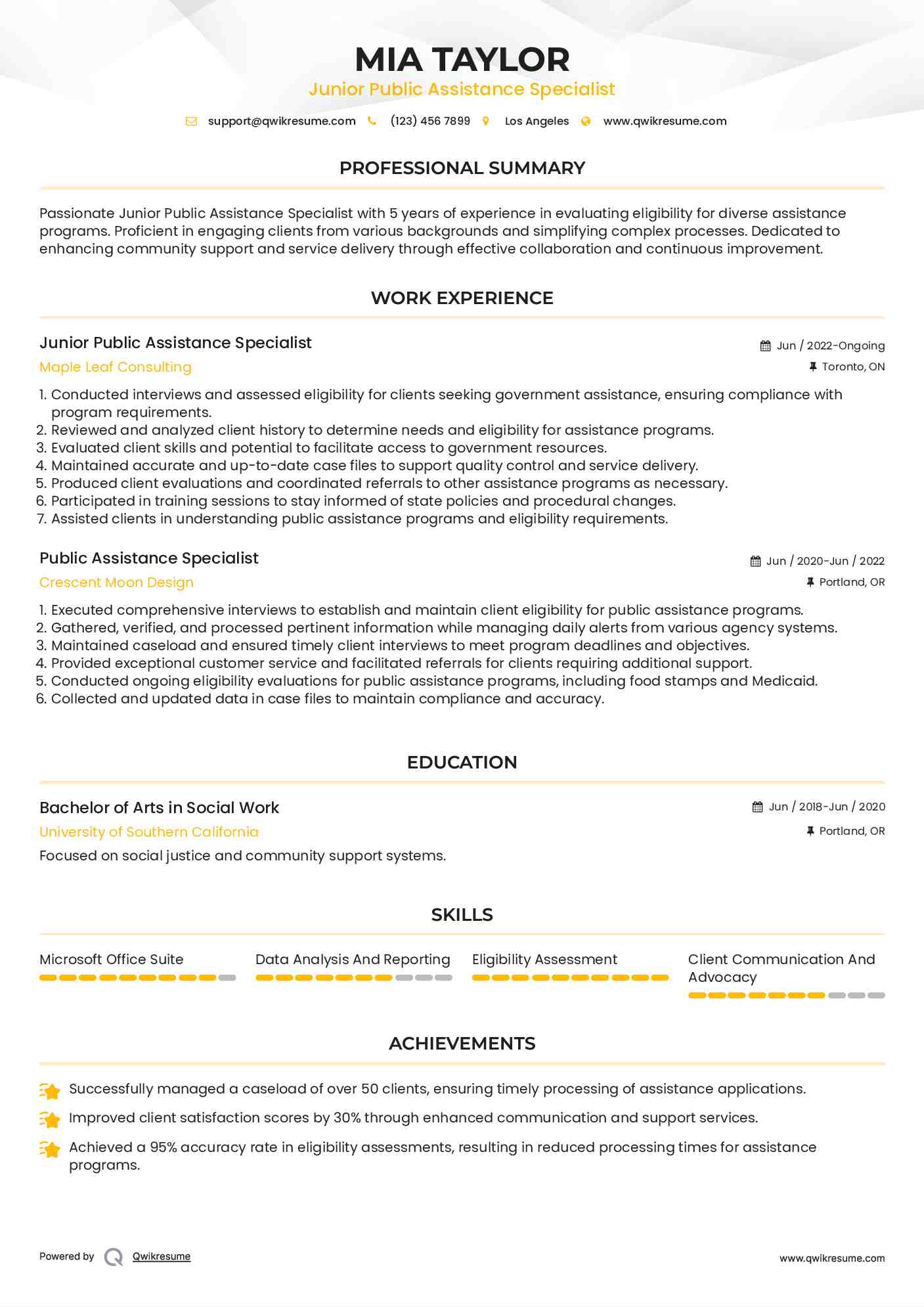 Junior Public Assistance Specialist Resume Format