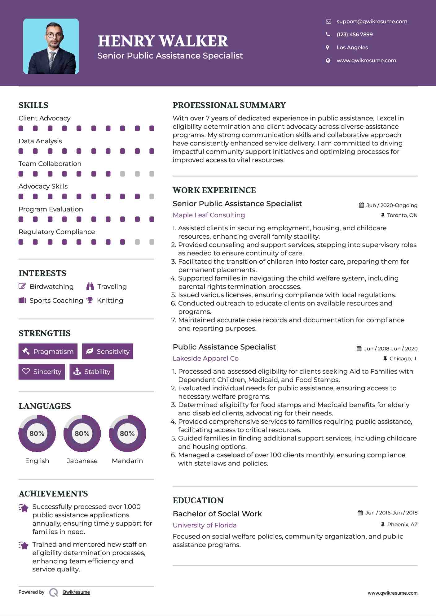 Senior Public Assistance Specialist Resume Sample