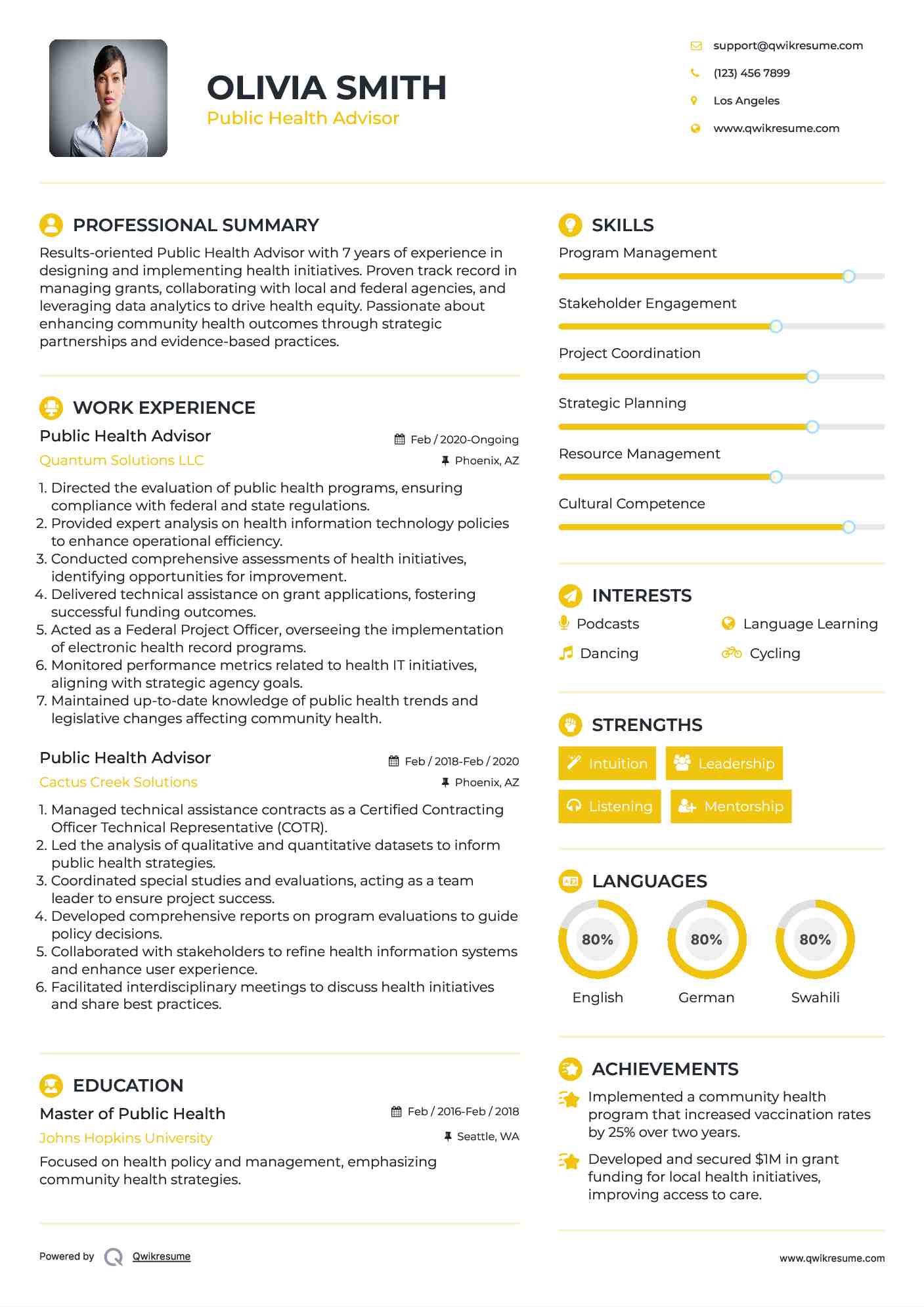 Public Health Advisor Resume Model