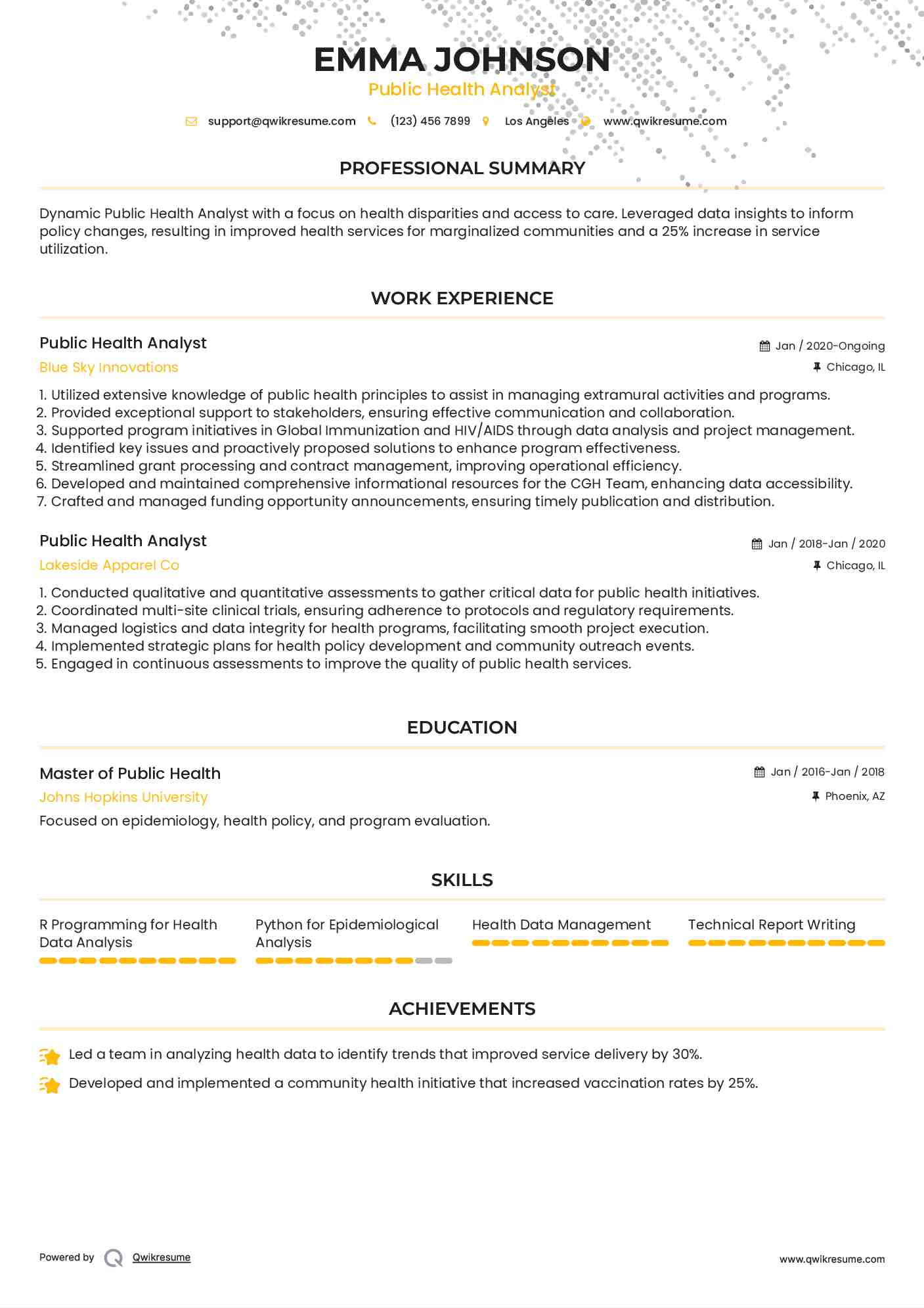 Public Health Analyst Resume Sample