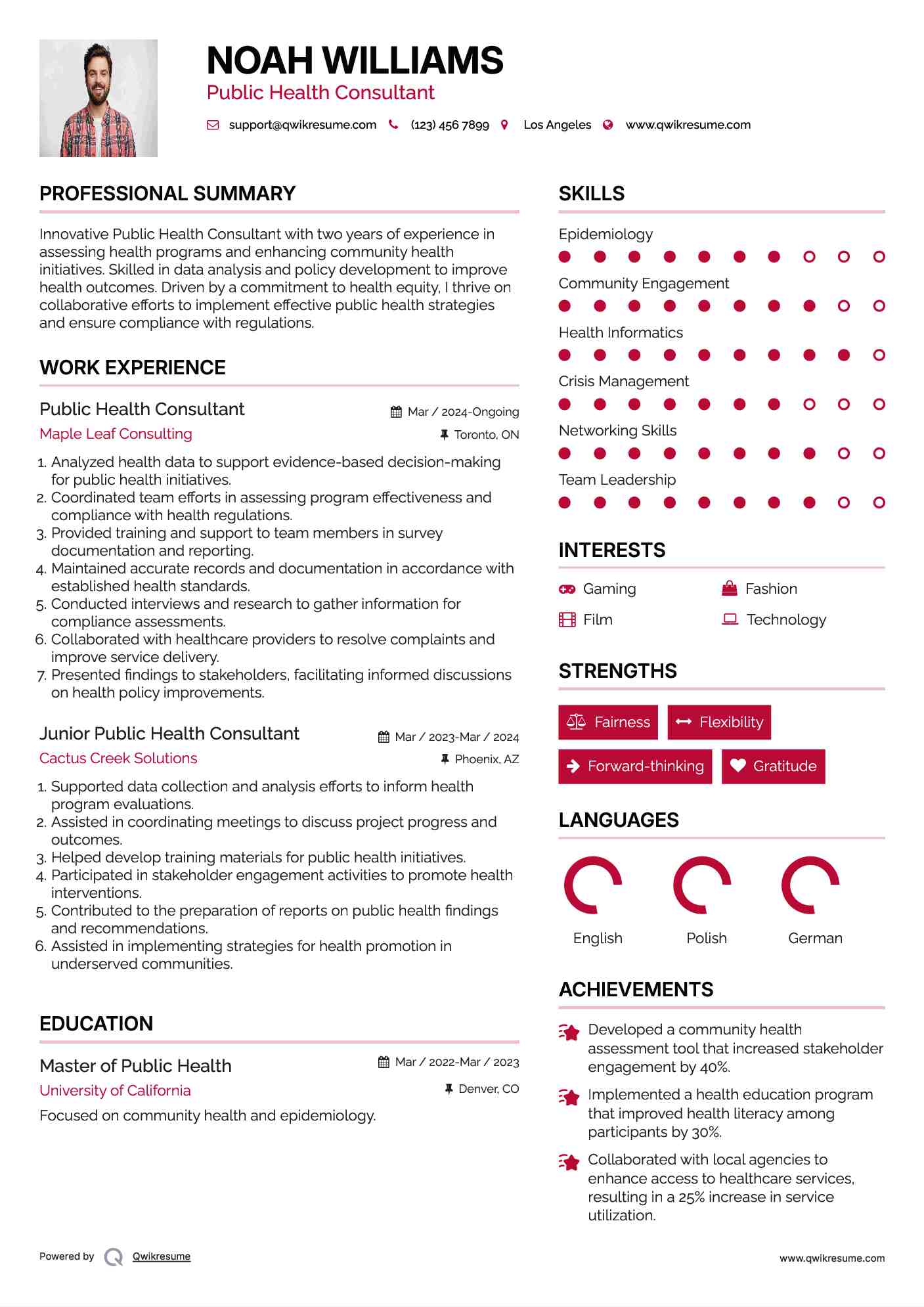 Public Health Consultant Resume Model