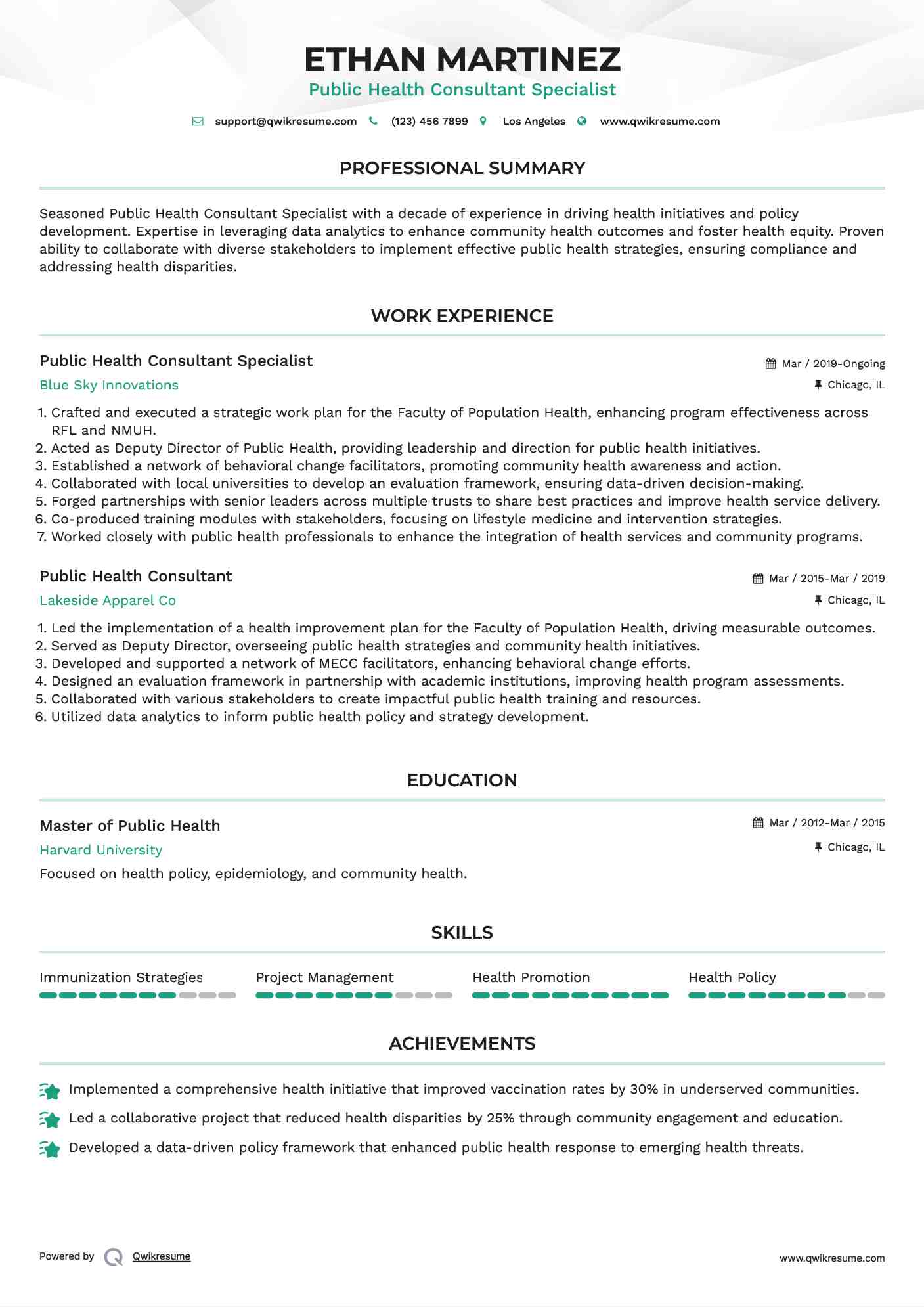 Public Health Consultant Specialist Resume Model