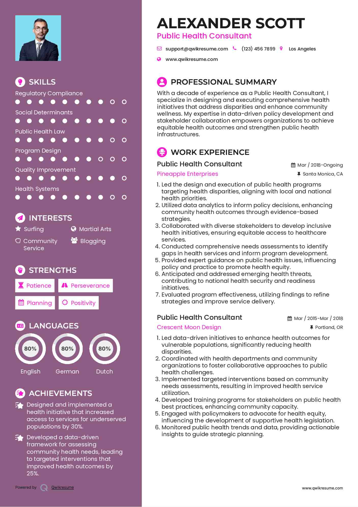 Public Health Consultant Resume Example