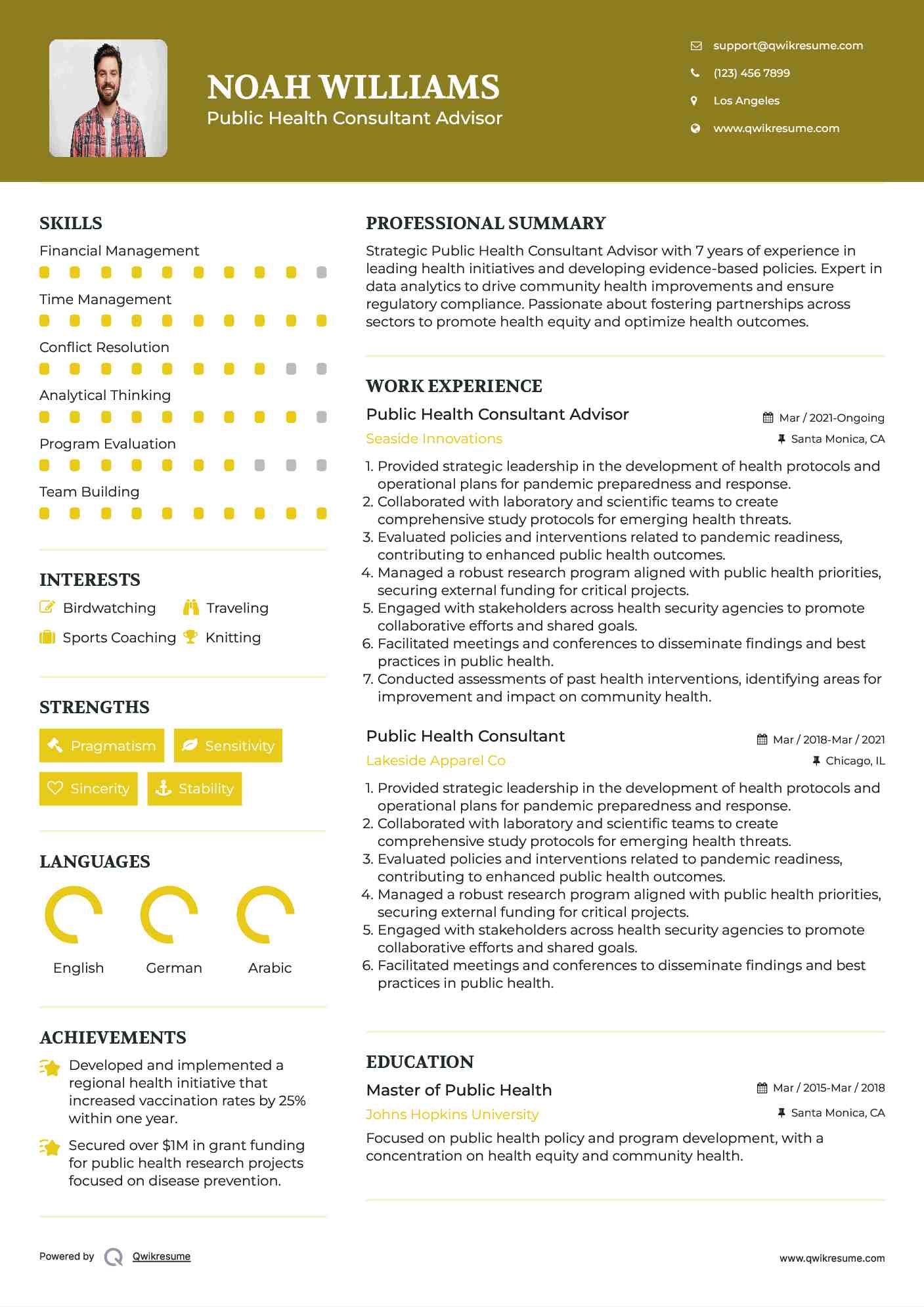 Public Health Consultant Advisor Resume Model