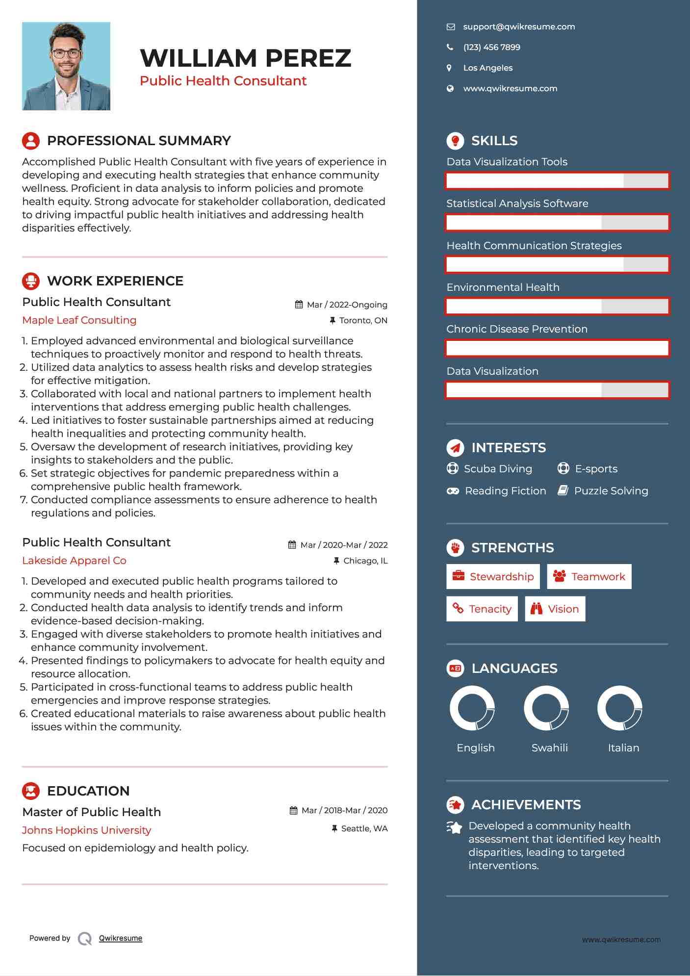 Public Health Consultant Resume Example