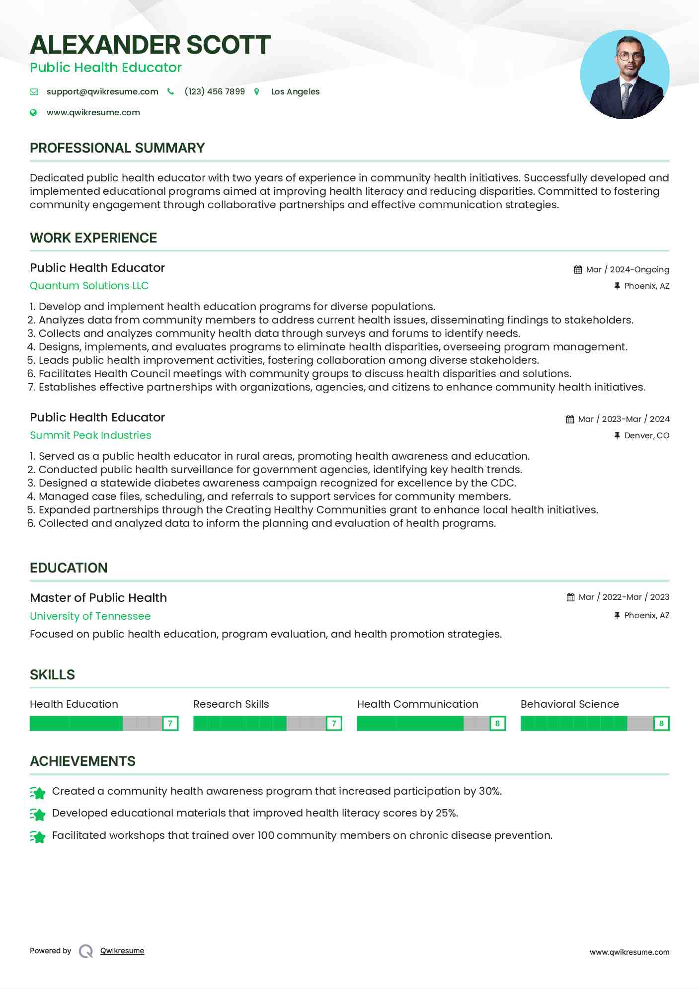 Public Health Educator Resume Format