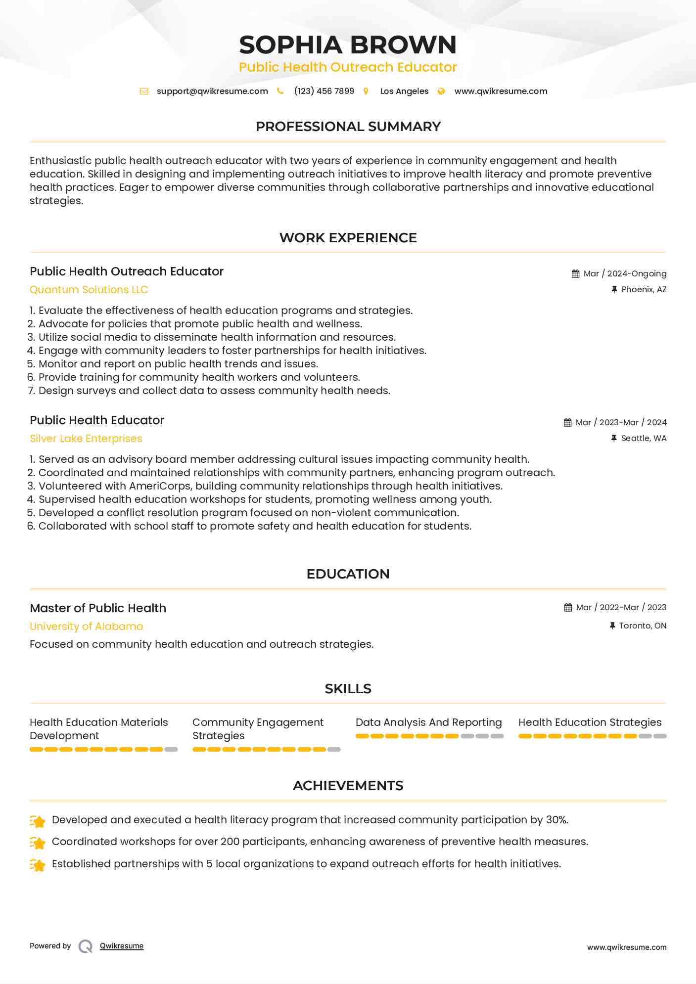 Public Health Outreach Educator Resume Model