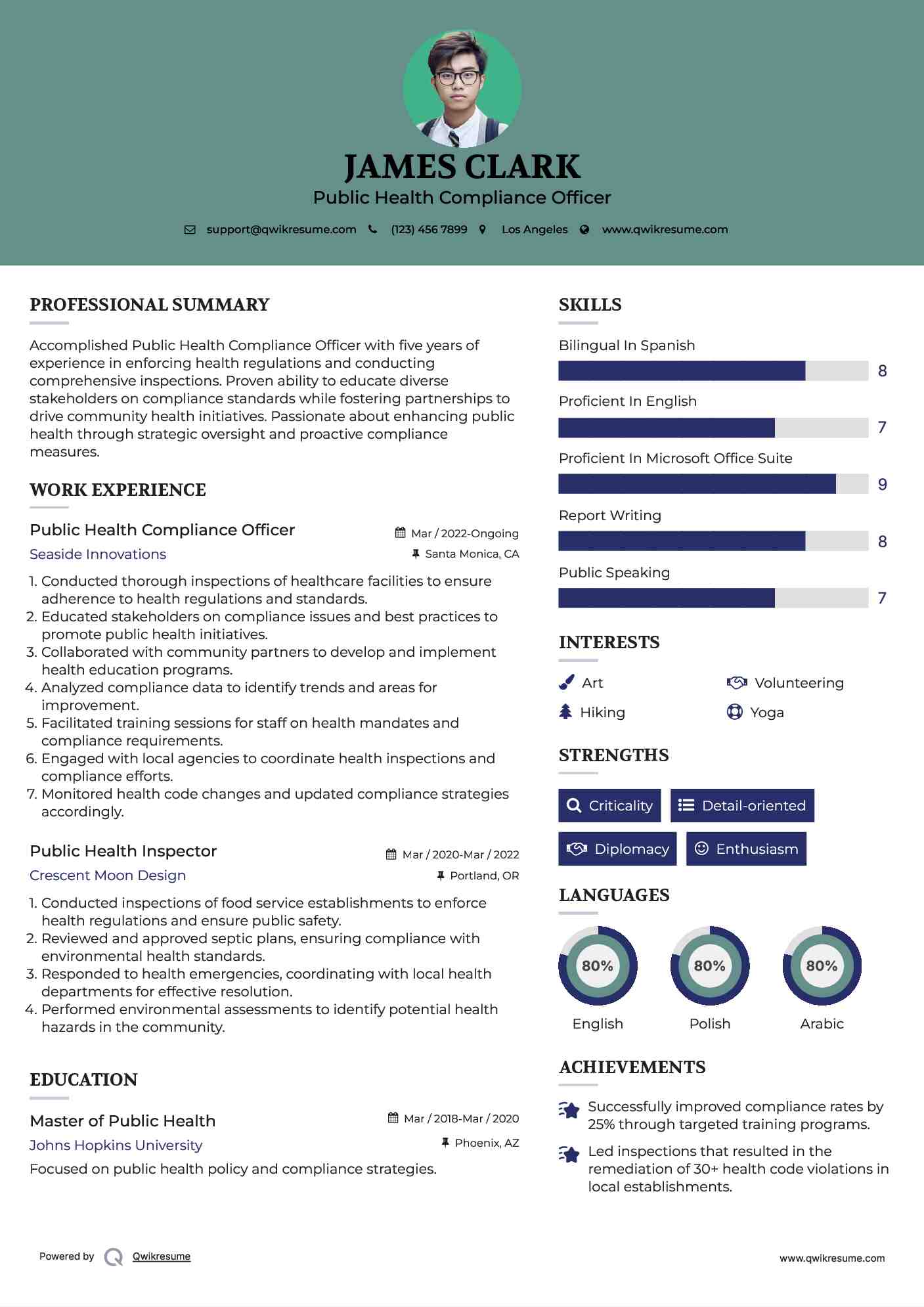 Public Health Compliance Officer Resume Sample
