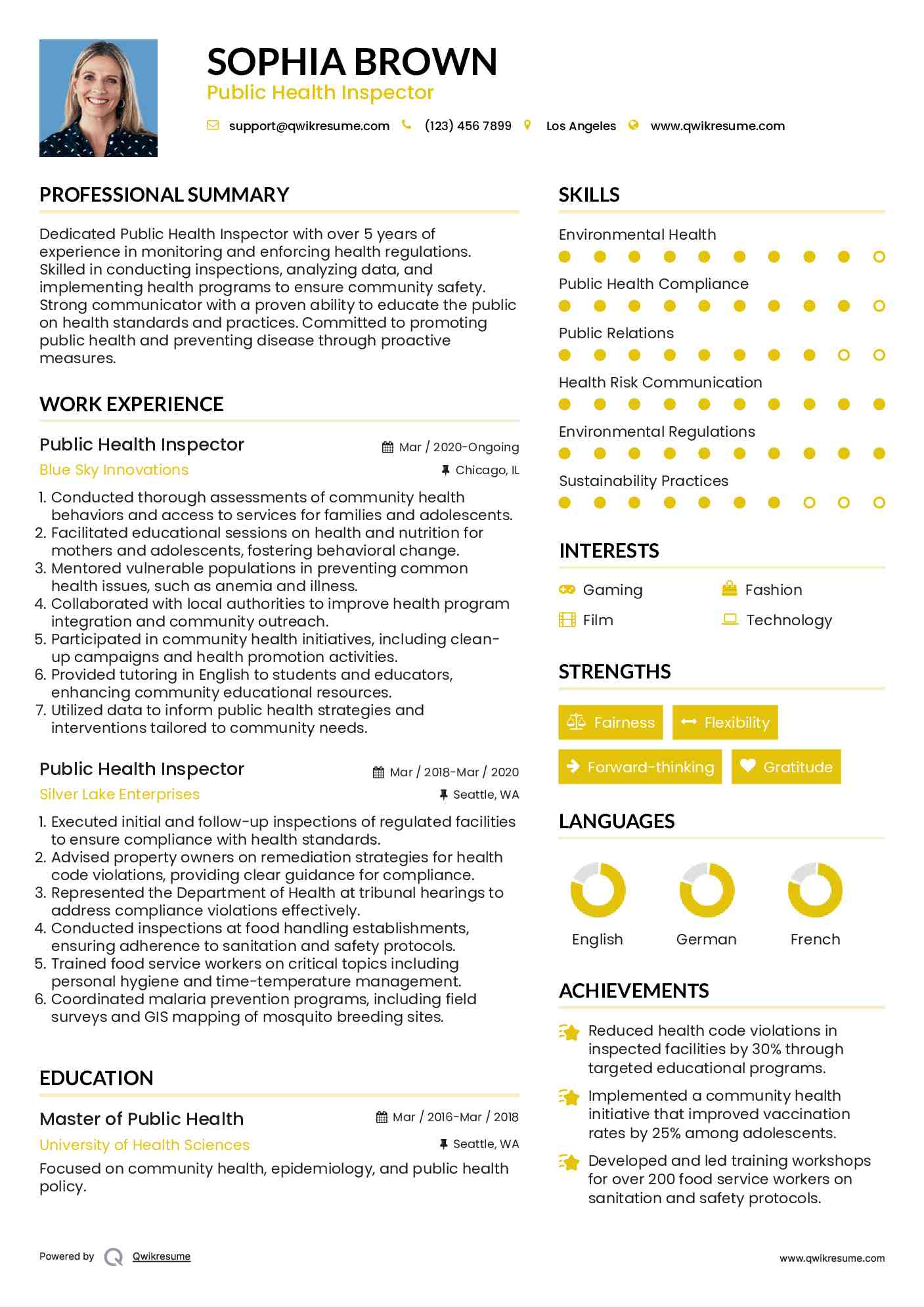 Public Health Inspector Resume Model