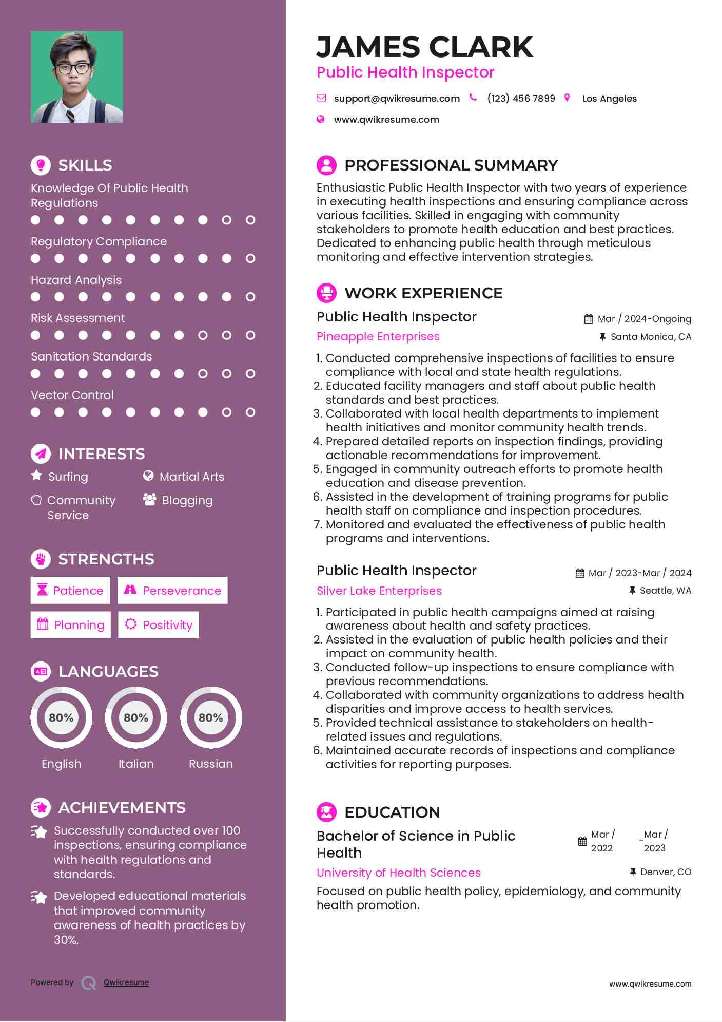 Public Health Inspector Resume Sample