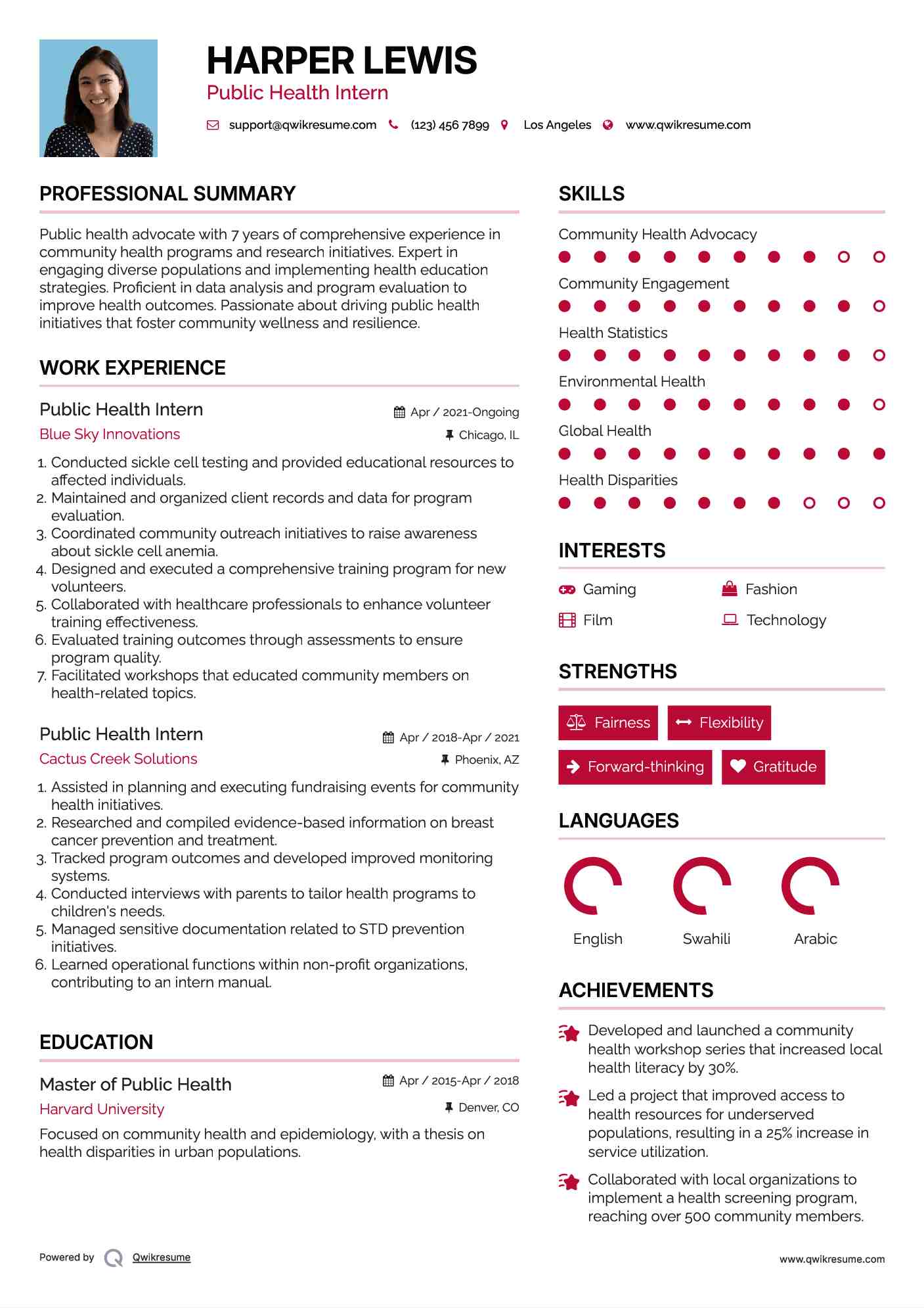 Public Health Intern Resume Template