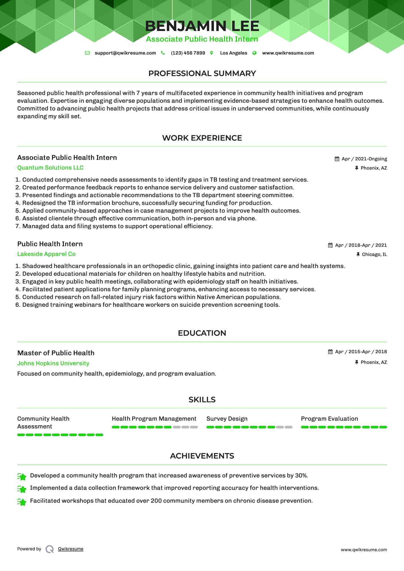 Associate Public Health Intern Resume Format