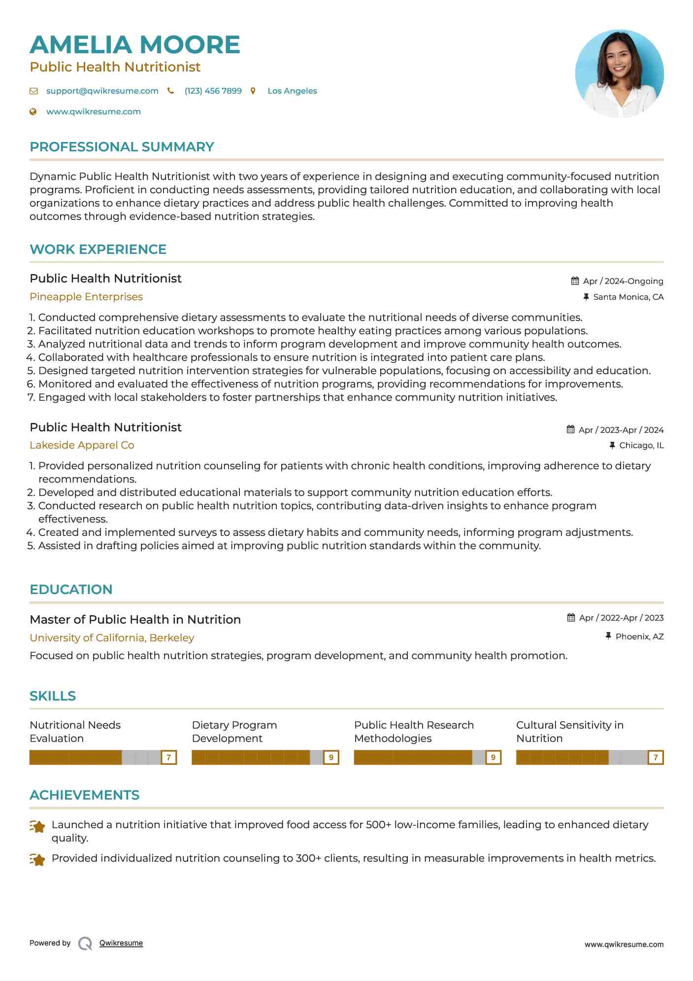 Public Health Nutritionist Resume Sample