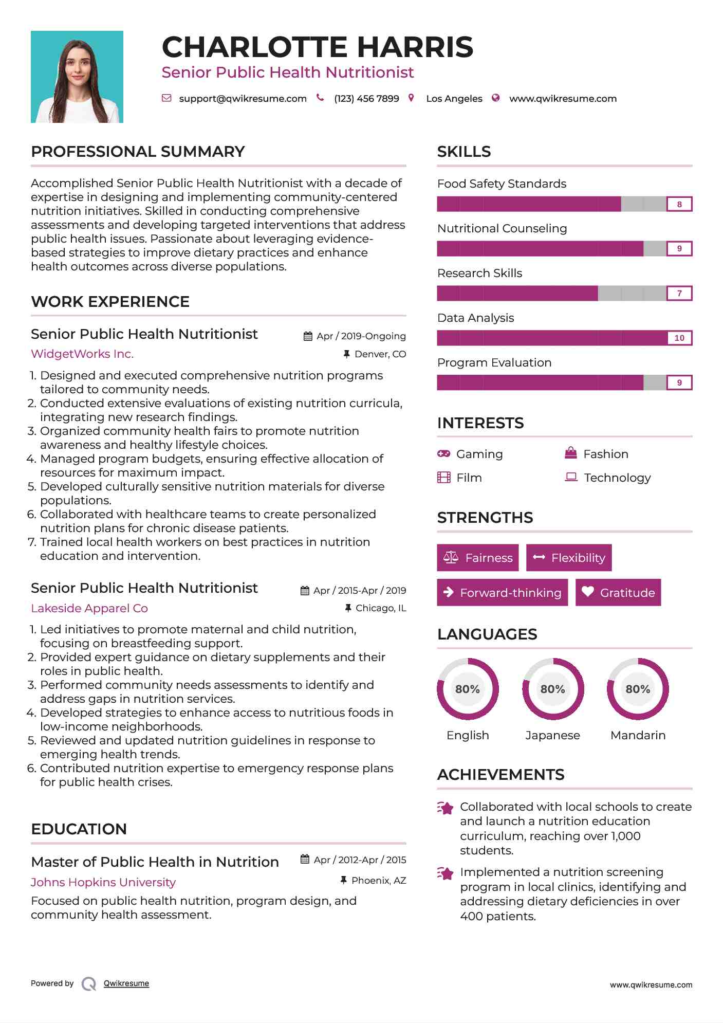 Senior Public Health Nutritionist Resume Sample