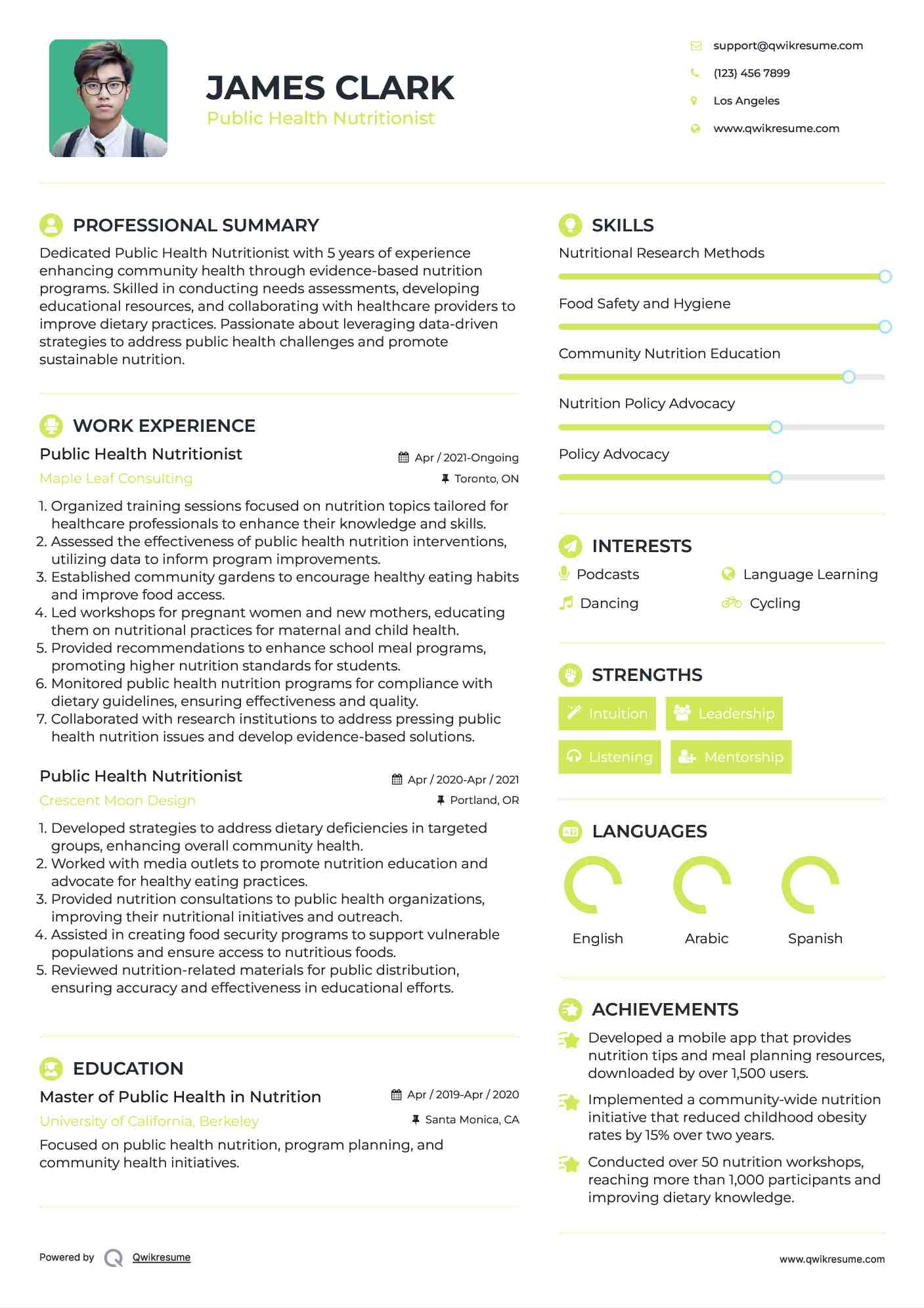 Public Health Nutritionist Resume Example