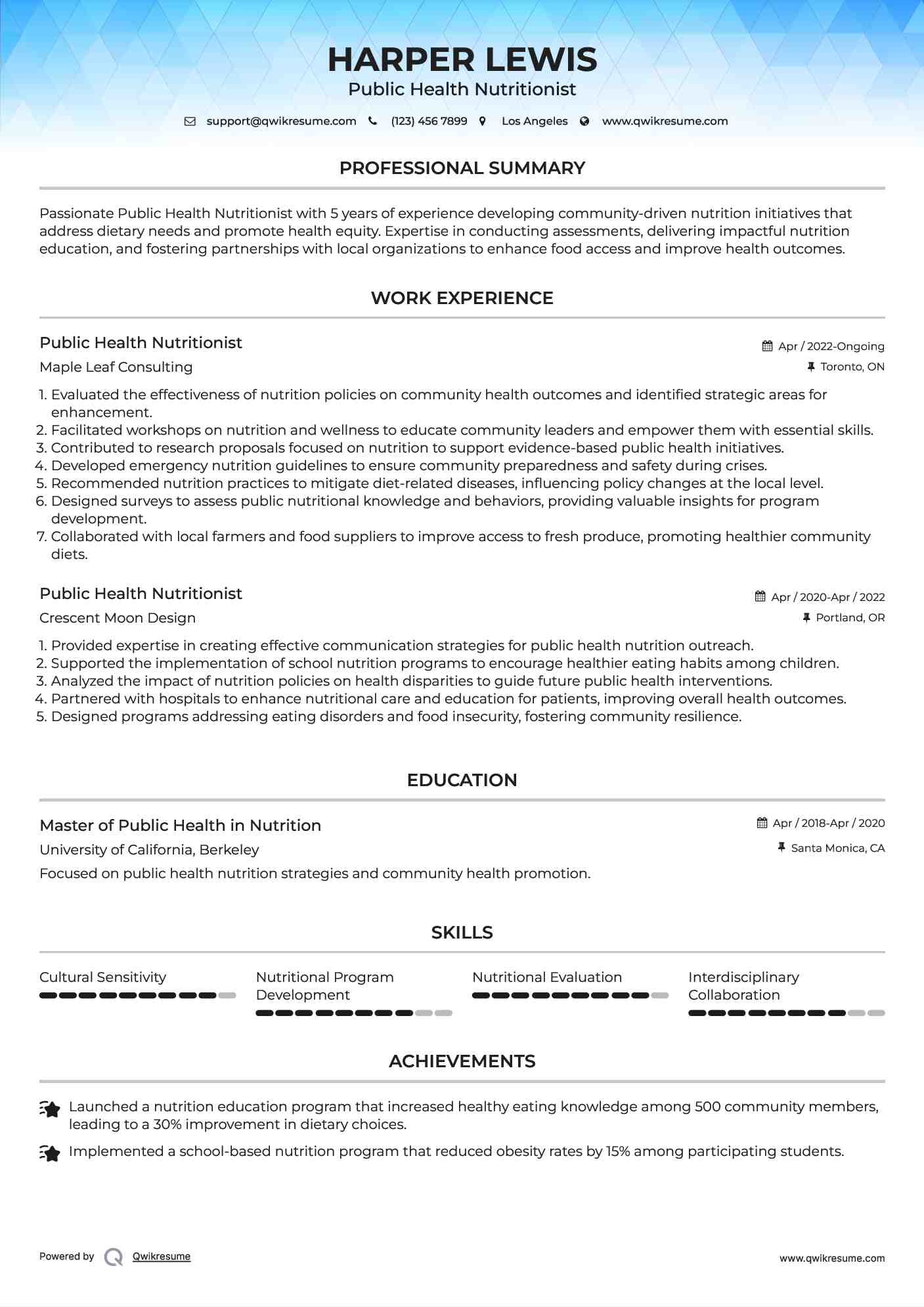 Public Health Nutritionist Resume Format
