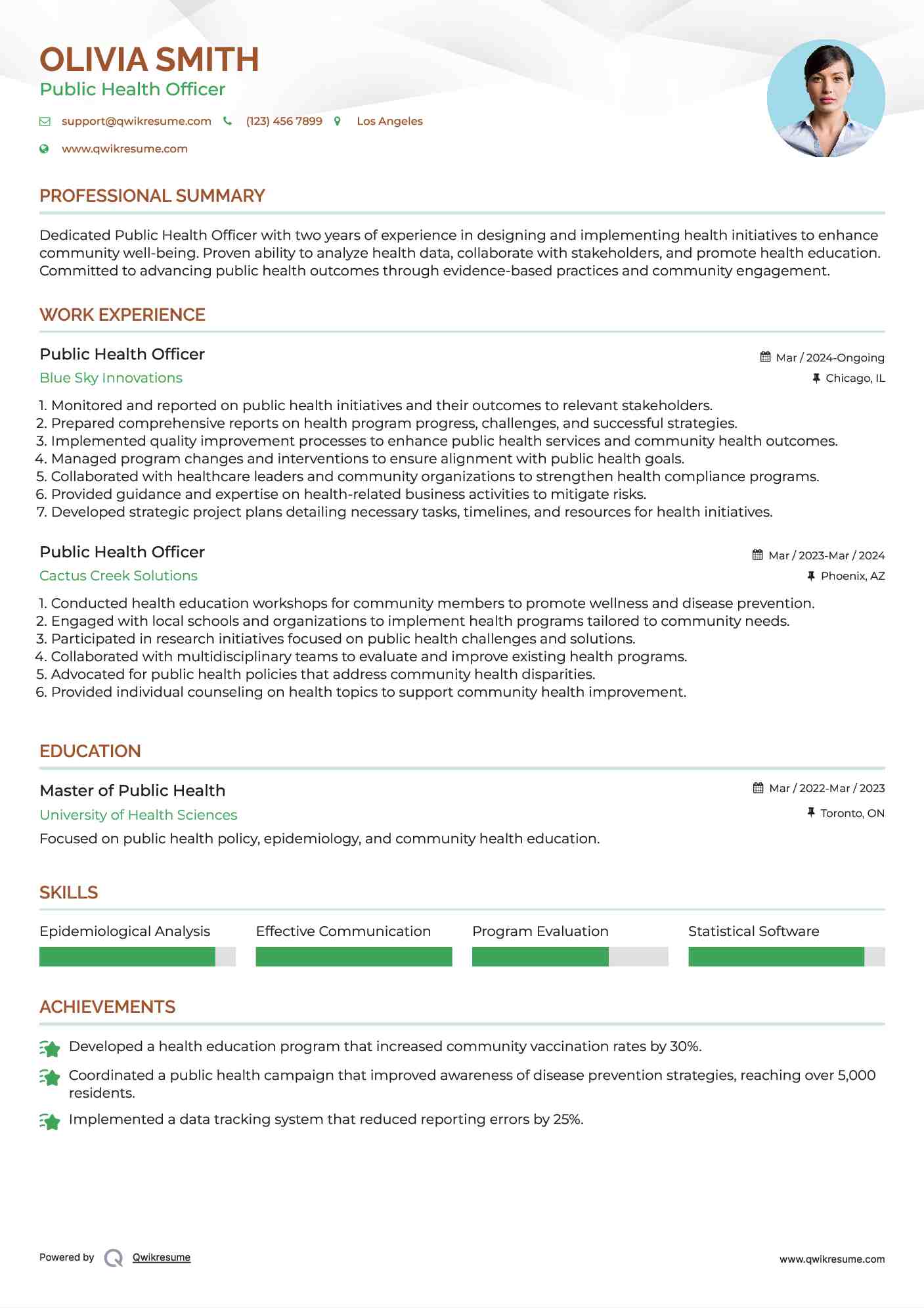 Public Health Officer Resume Model